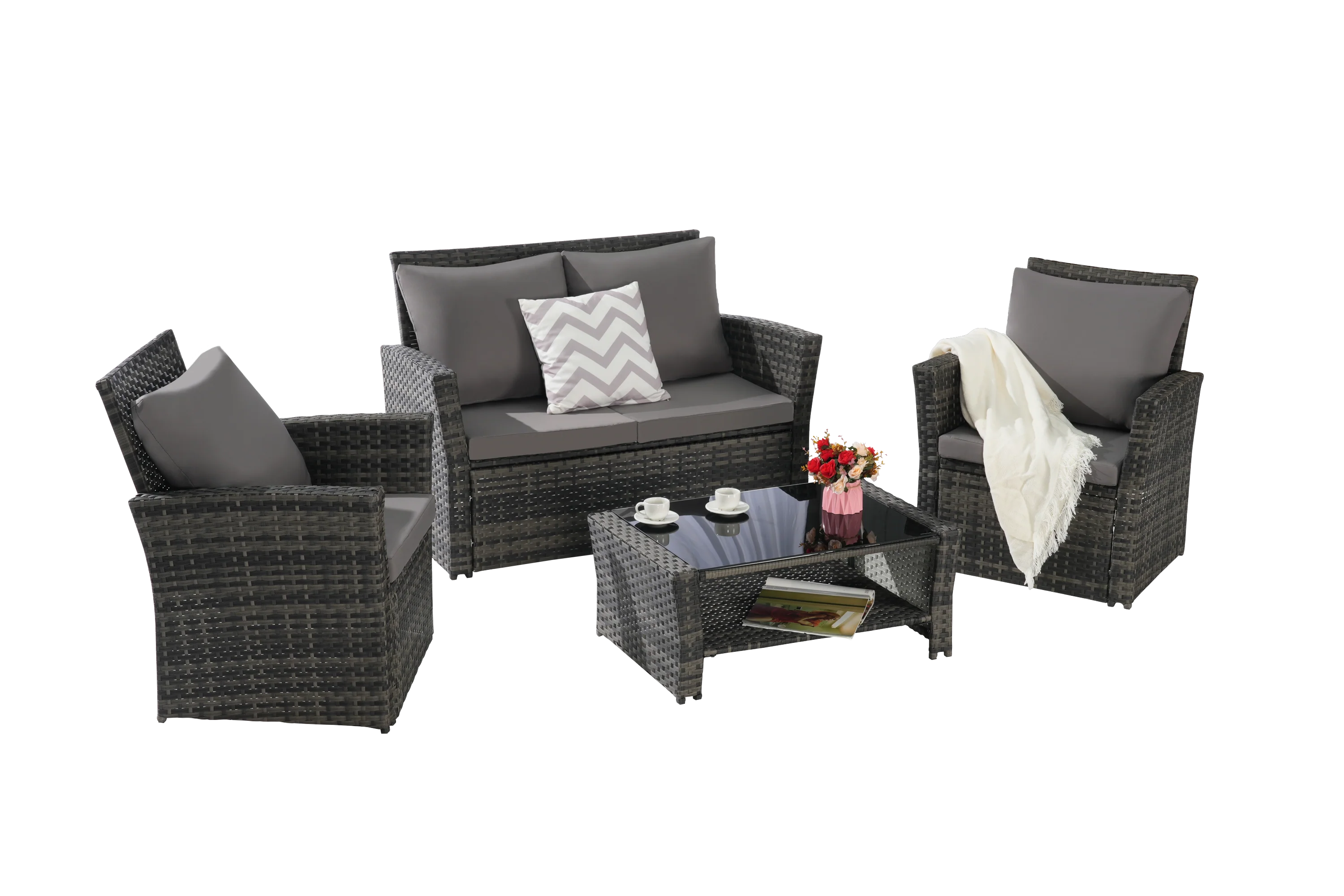 4 Pieces Outdoor Patio Furniture Sets Garden Rattan Chair Wicker Set - Image 4