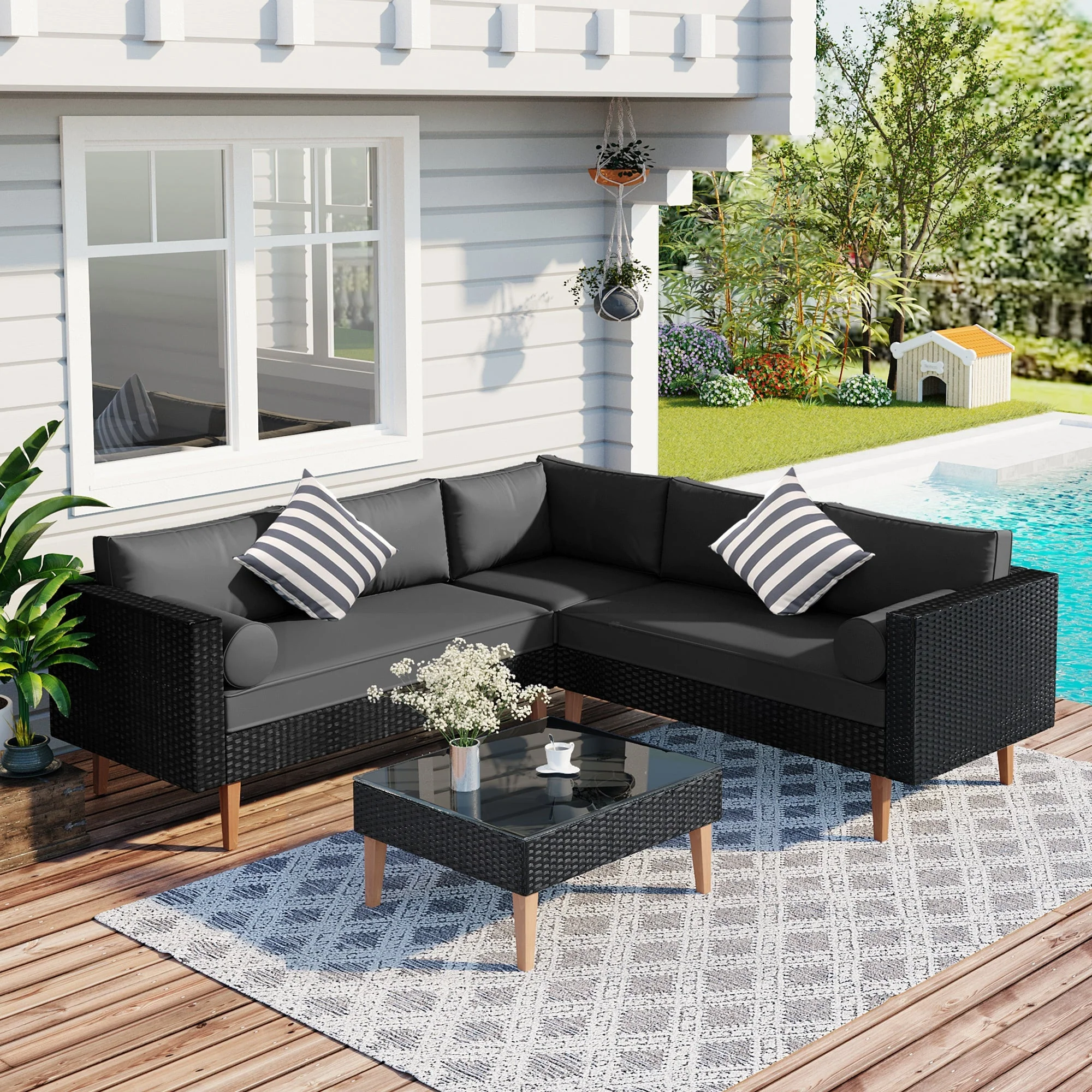 4-Pieces Outdoor Wicker Sofa Set with Colorful Pillows - Image 2