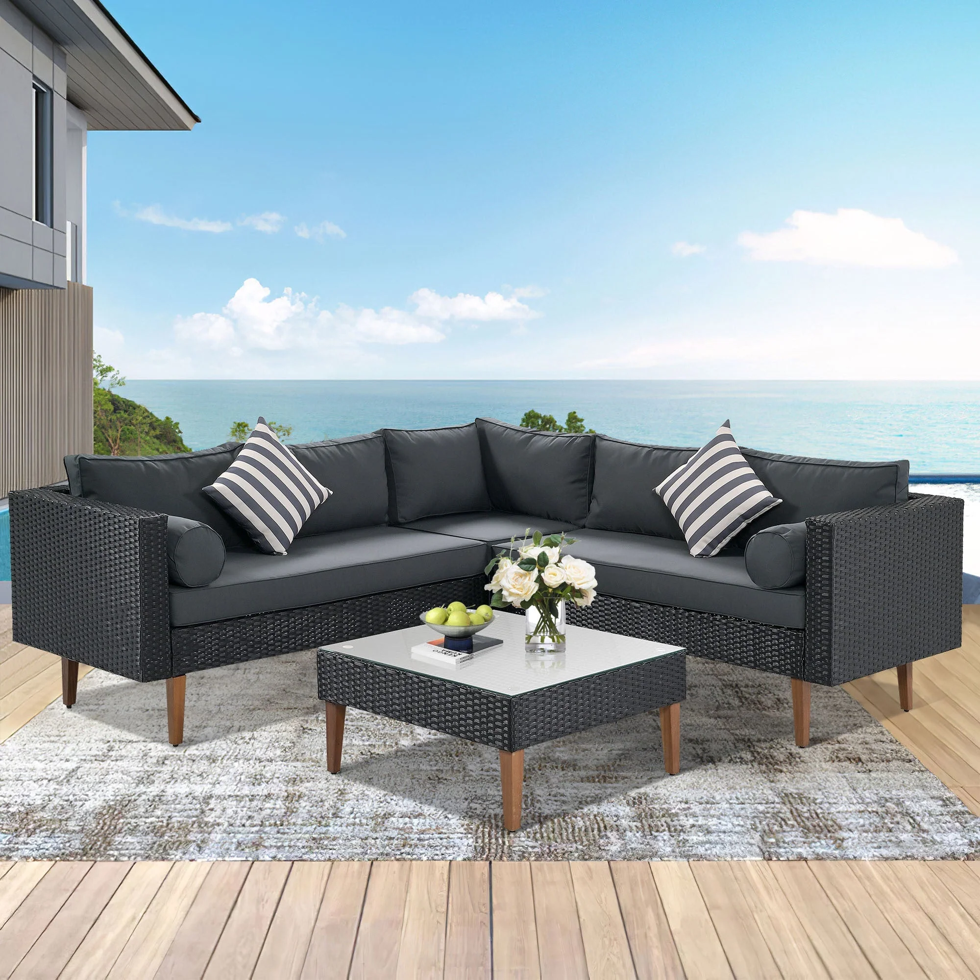 4-Pieces Outdoor Wicker Sofa Set with Colorful Pillows - Image 3