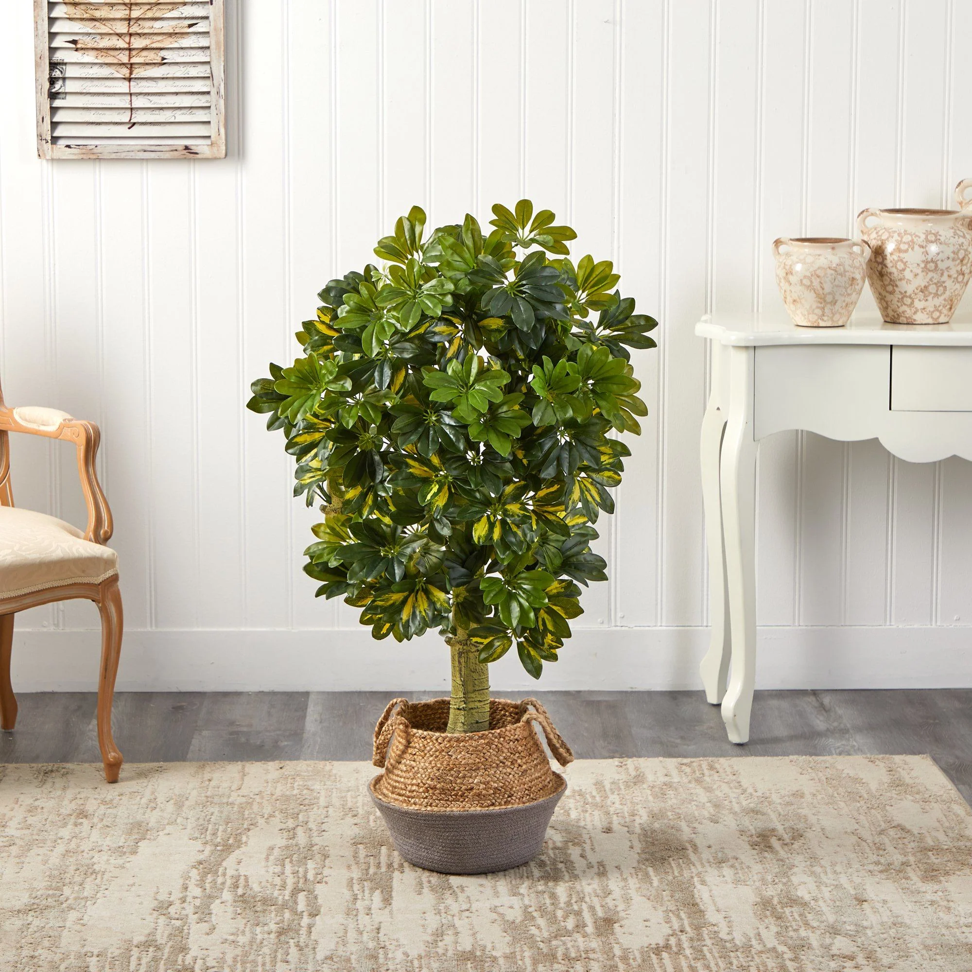 4’ Schefflera Artificial Tree in Boho Chic Handmade Cotton & Jute Gray Woven Planter (Real Touch) - Image 3