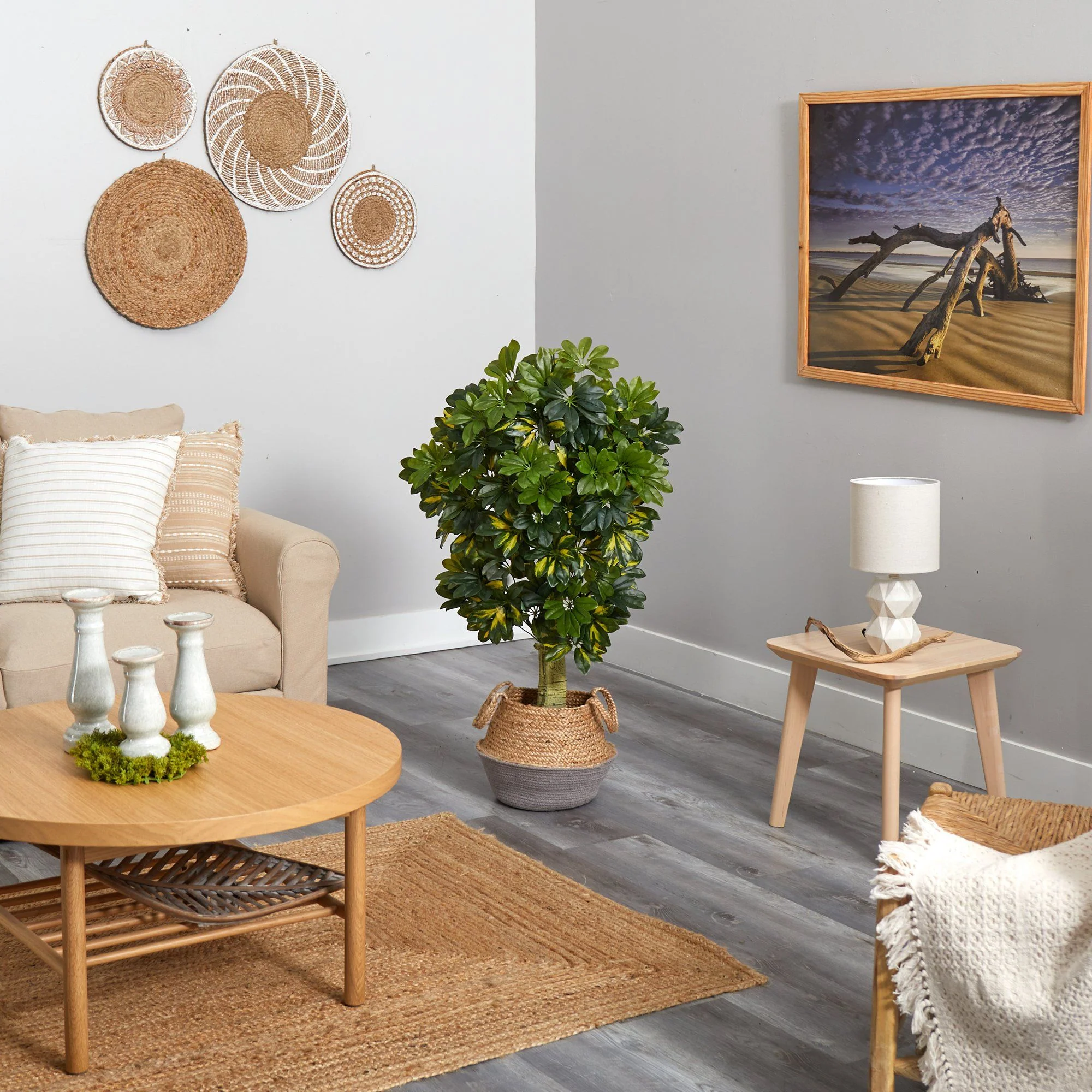4’ Schefflera Artificial Tree in Boho Chic Handmade Cotton & Jute Gray Woven Planter (Real Touch) - Image 4