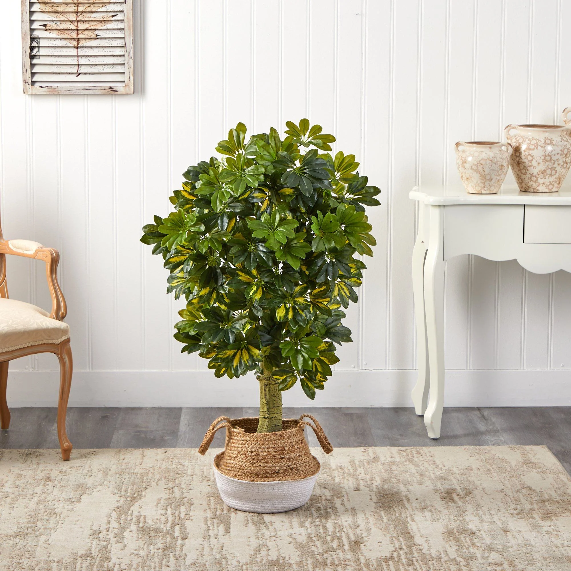 4’ Schefflera Artificial Tree in Boho Chic Handmade Cotton & Jute White Woven Planter (Real Touch) - Image 3