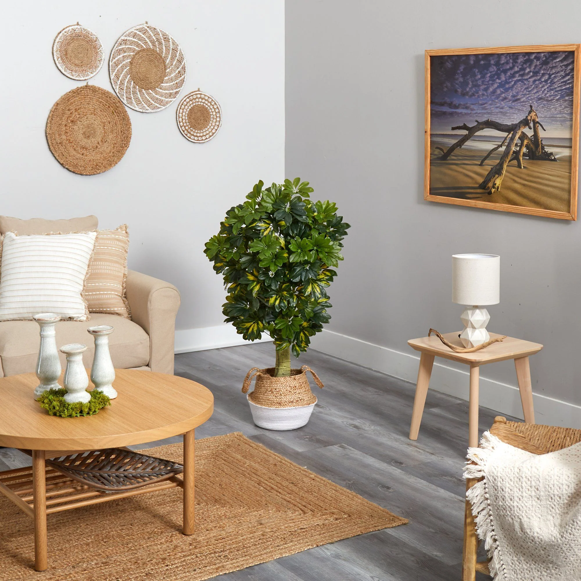 4’ Schefflera Artificial Tree in Boho Chic Handmade Cotton & Jute White Woven Planter (Real Touch) - Image 4