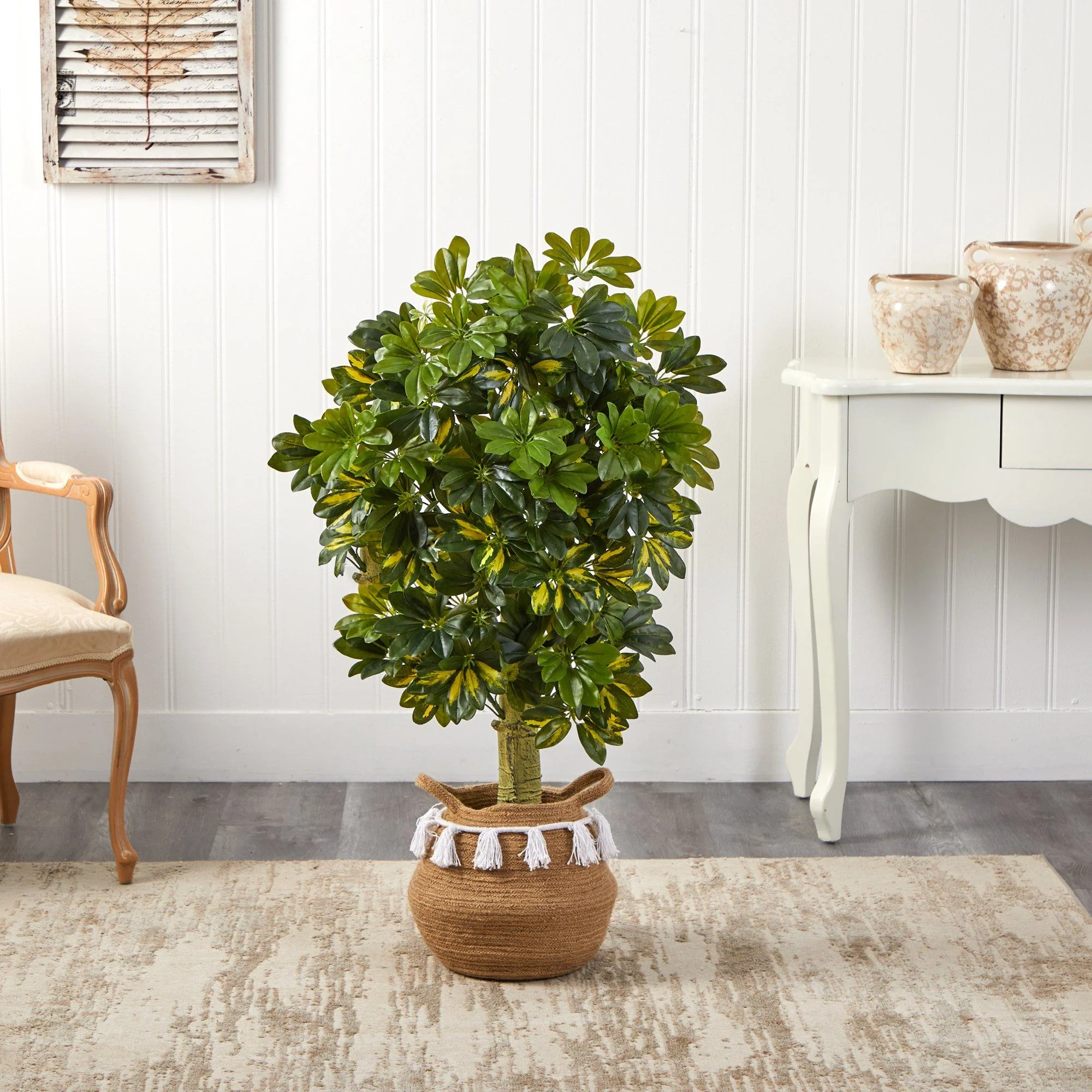 4’ Schefflera Tree in Boho Chic Handmade Natural Cotton Woven Planter with Tassels (Real Touch) - Image 3
