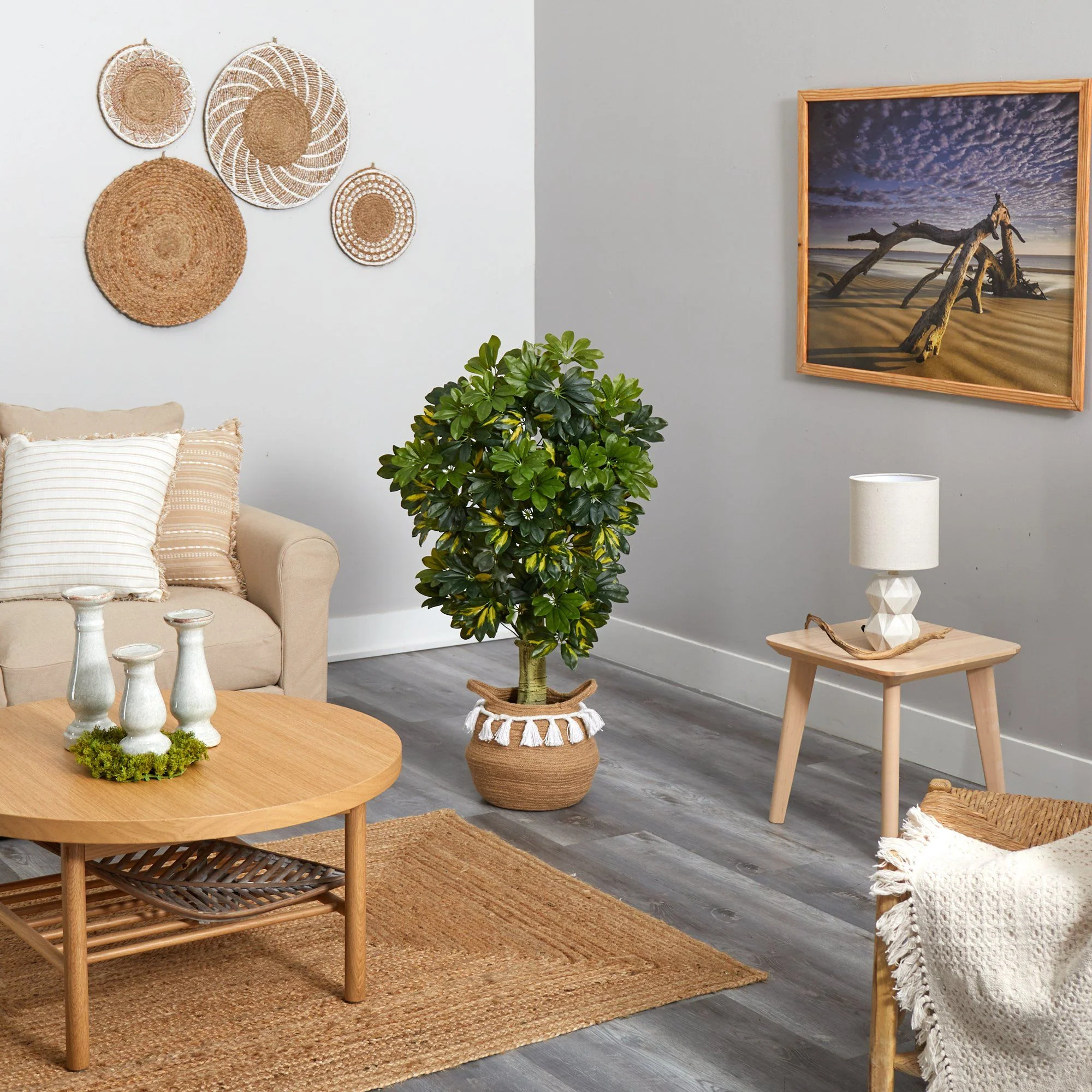 4’ Schefflera Tree in Boho Chic Handmade Natural Cotton Woven Planter with Tassels (Real Touch) - Image 4