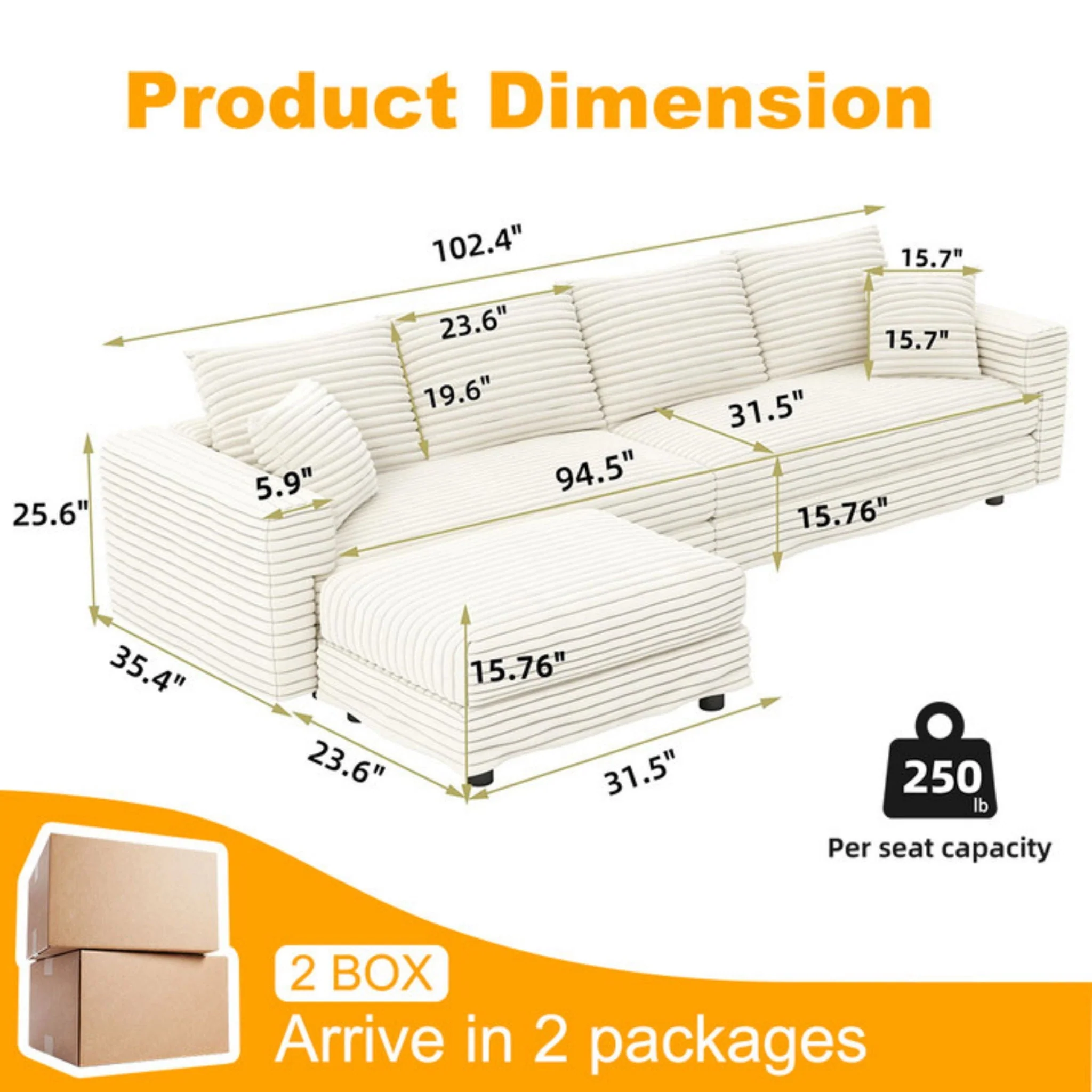 4 Seat Sofa With Soft Pillows And Movable Ottoman - Image 2