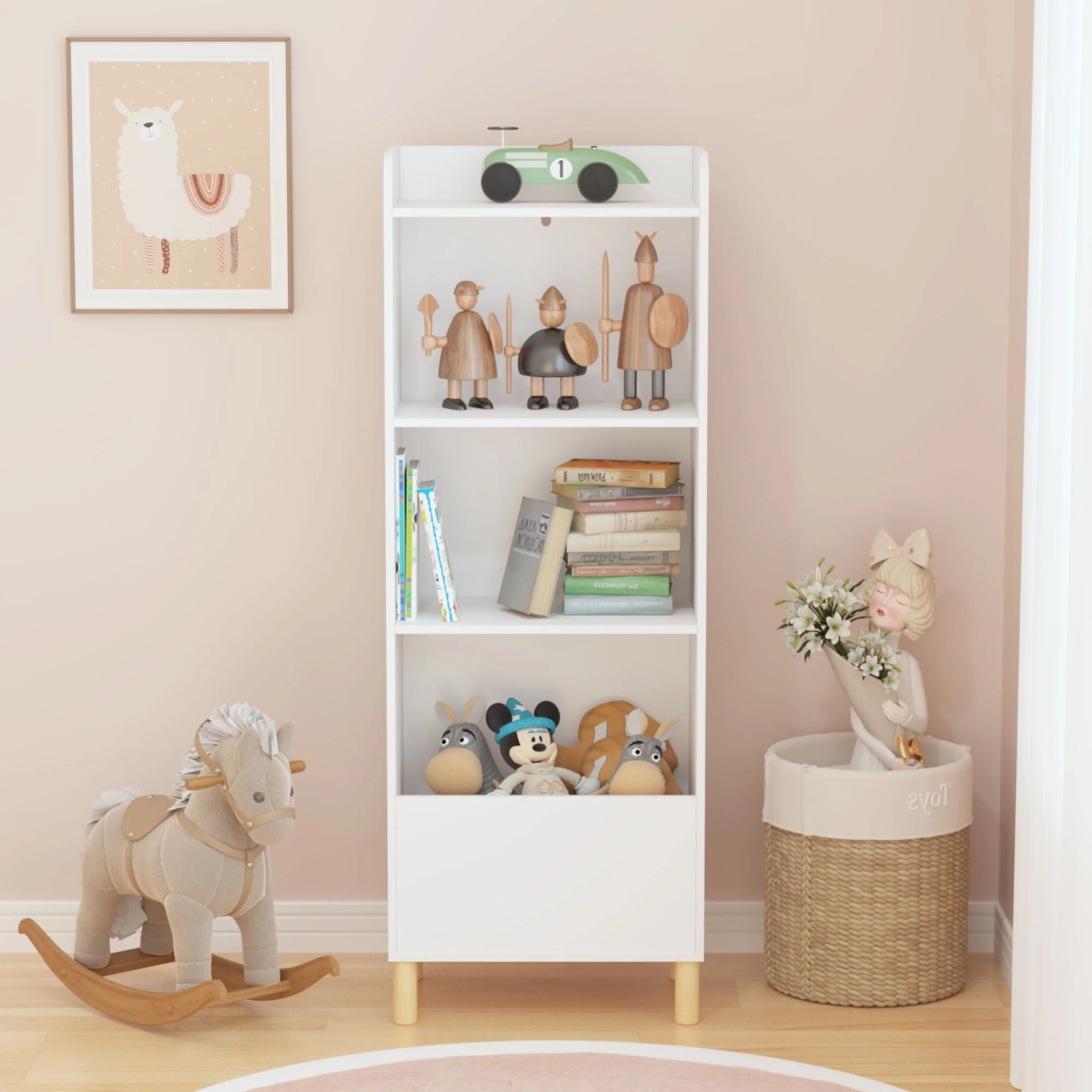 4 Tier Bookcase, Book Display With Safety Restraint, Storage Cabinet For Playroom - White - Image 4