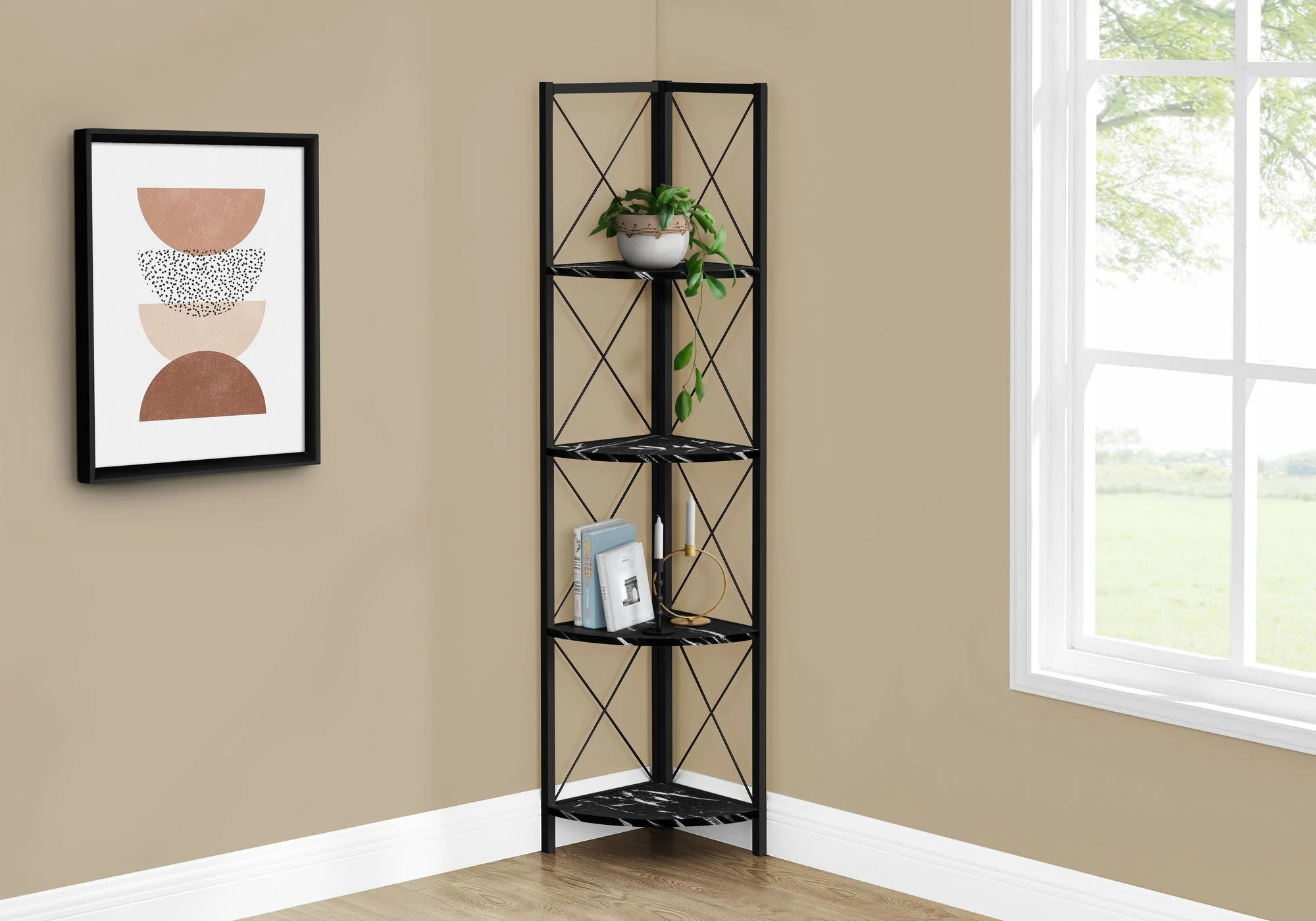 4-Tier Corner Bookshelf with Marble Look and Metal Frame - Image 5