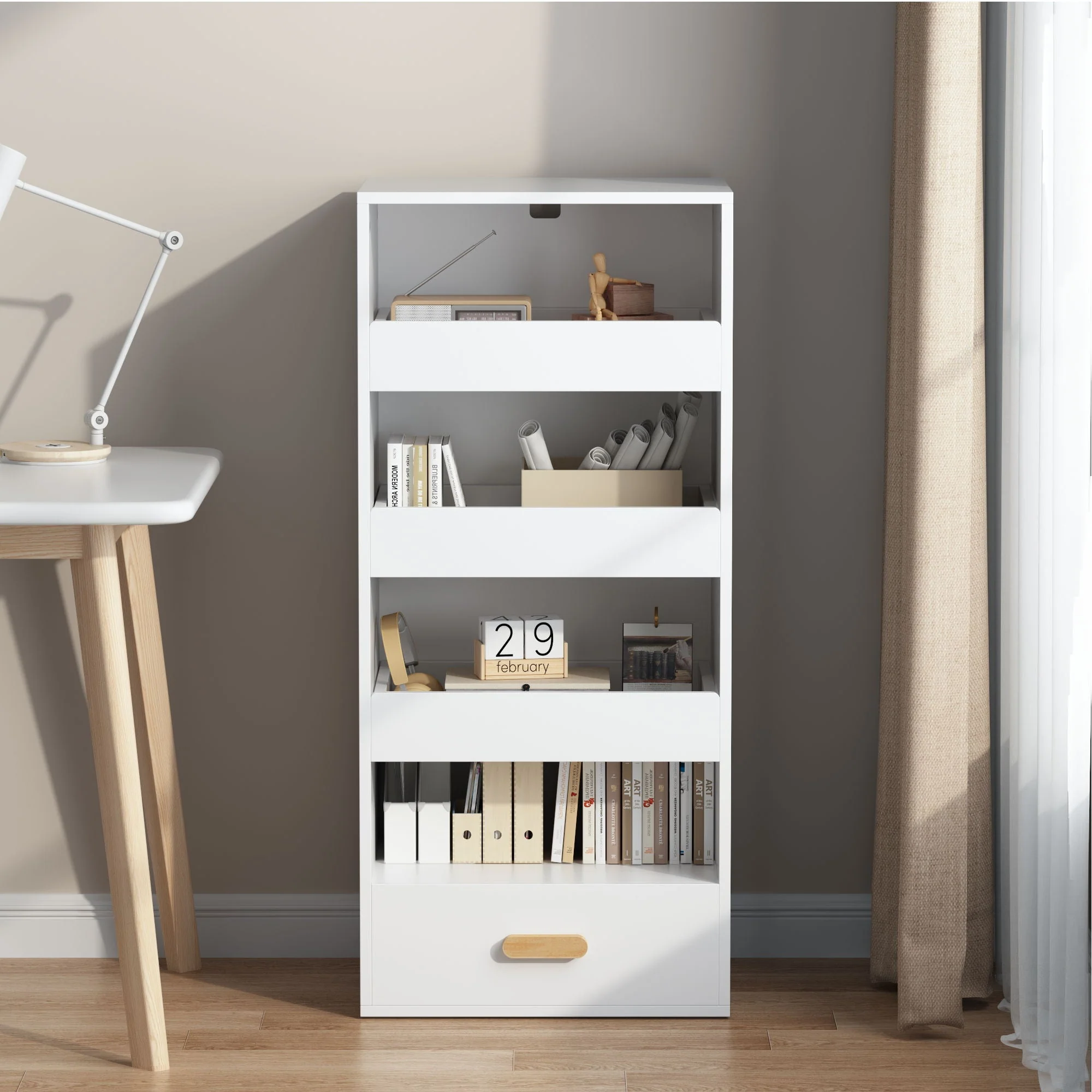 4 Tier Freestanding Bookshelf With 3 Sliding Drawers And 1 Bottom Drawer - White - Image 4