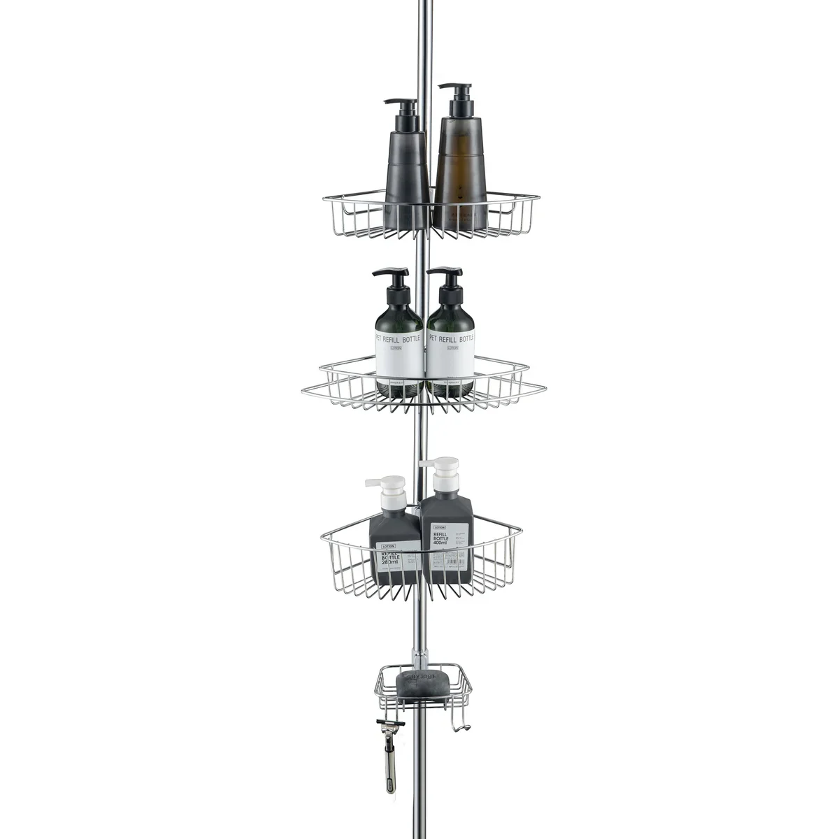 4 Tier Rustproof Shower Caddy Corner Organizer with Adjustable Shelves and Tension Pole - Image 12