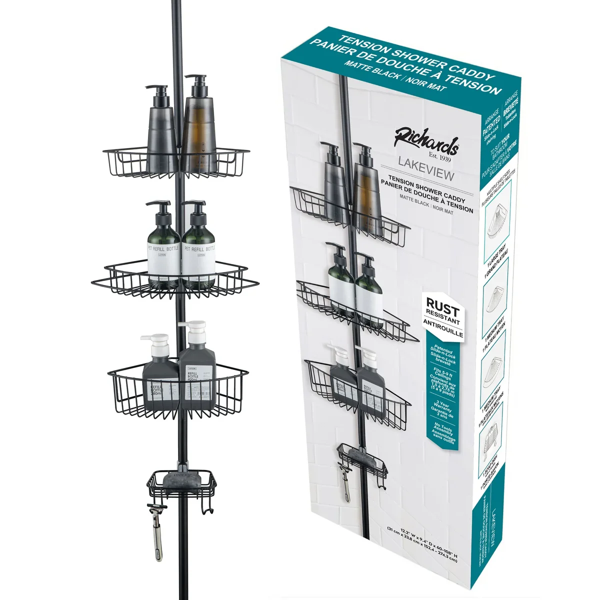 4 Tier Rustproof Shower Caddy Corner Organizer with Adjustable Shelves and Tension Pole - Image 13