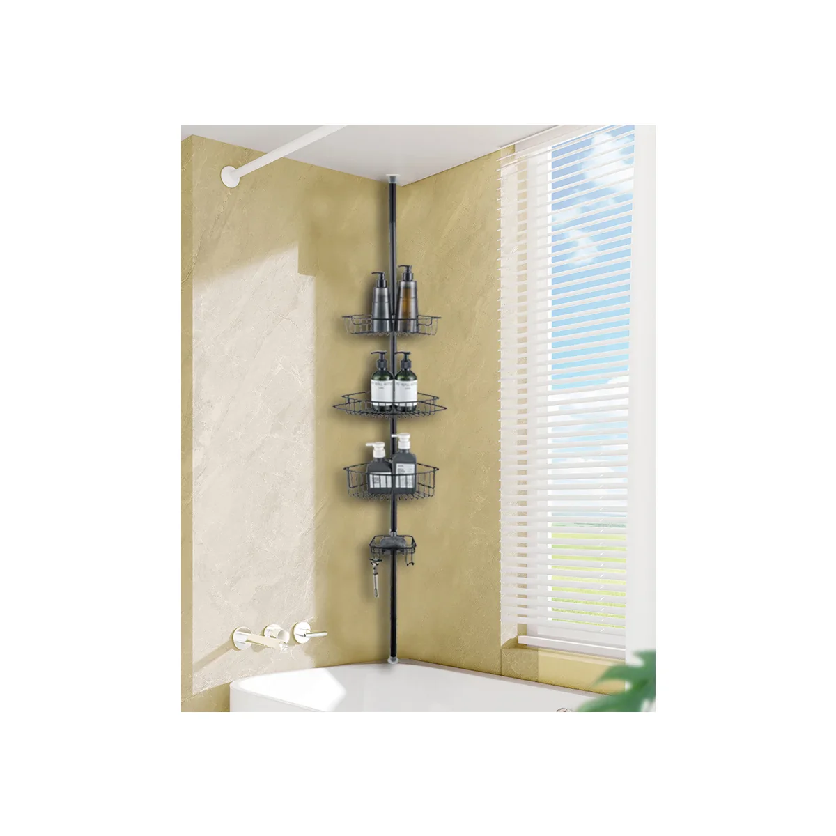 4 Tier Rustproof Shower Caddy Corner Organizer with Adjustable Shelves and Tension Pole - Image 14