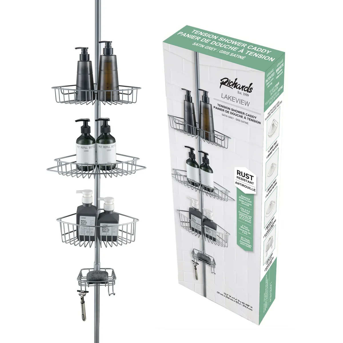 4 Tier Rustproof Shower Caddy Corner Organizer with Adjustable Shelves and Tension Pole - Image 2