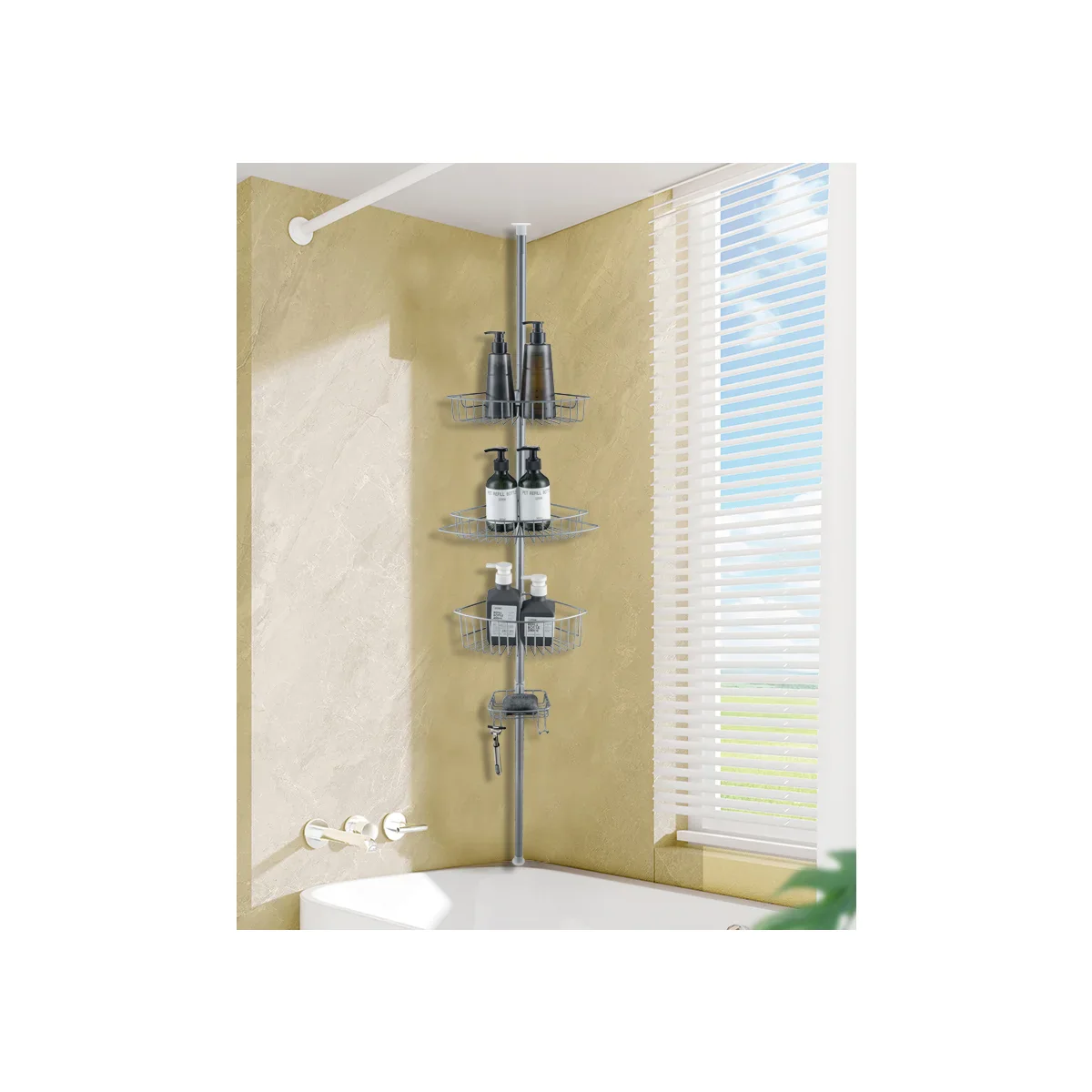 4 Tier Rustproof Shower Caddy Corner Organizer with Adjustable Shelves and Tension Pole - Image 3