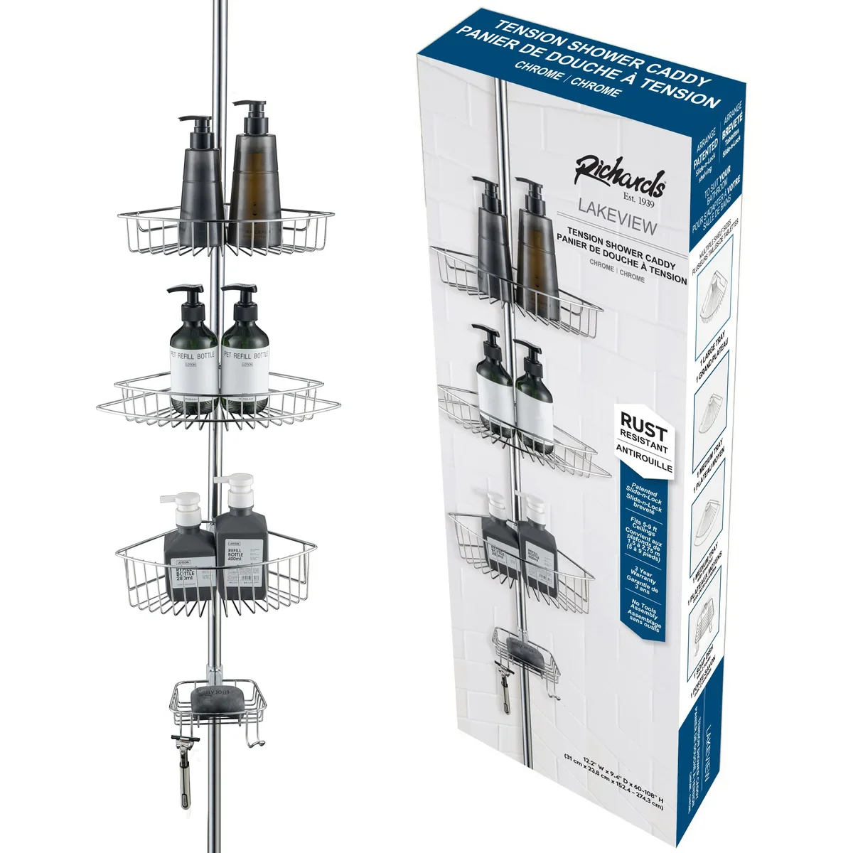 4 Tier Rustproof Shower Caddy Corner Organizer with Adjustable Shelves and Tension Pole - Image 7