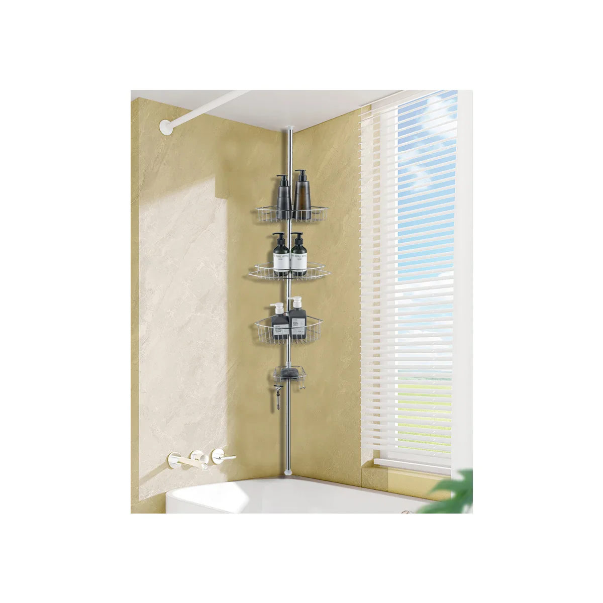4 Tier Rustproof Shower Caddy Corner Organizer with Adjustable Shelves and Tension Pole - Image 8