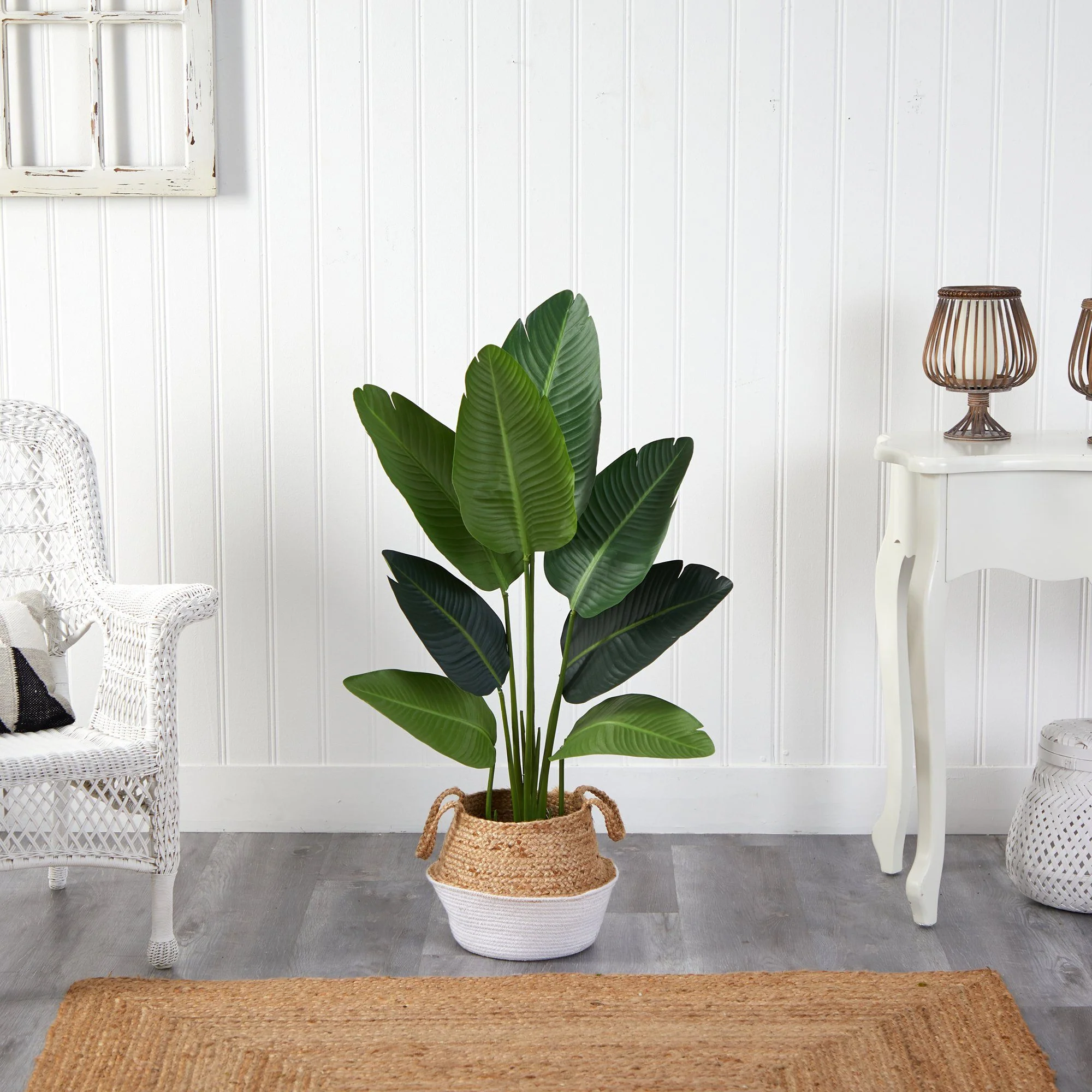4’ Travelers Palm Artificial Tree in Boho Chic Handmade Cotton & Jute White Woven Planter - Image 3