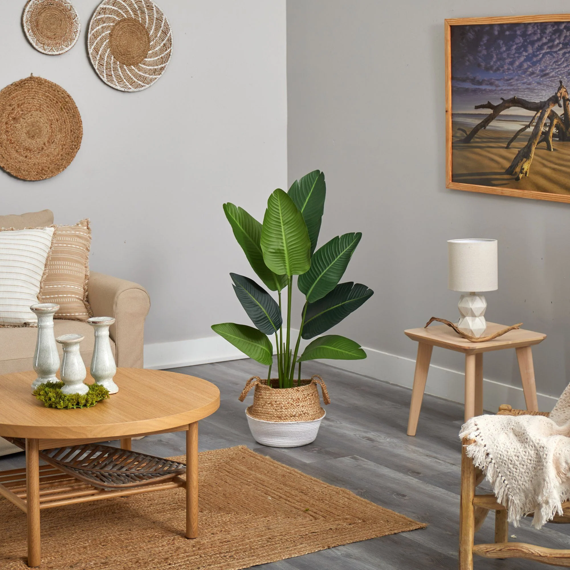 4’ Travelers Palm Artificial Tree in Boho Chic Handmade Cotton & Jute White Woven Planter - Image 4