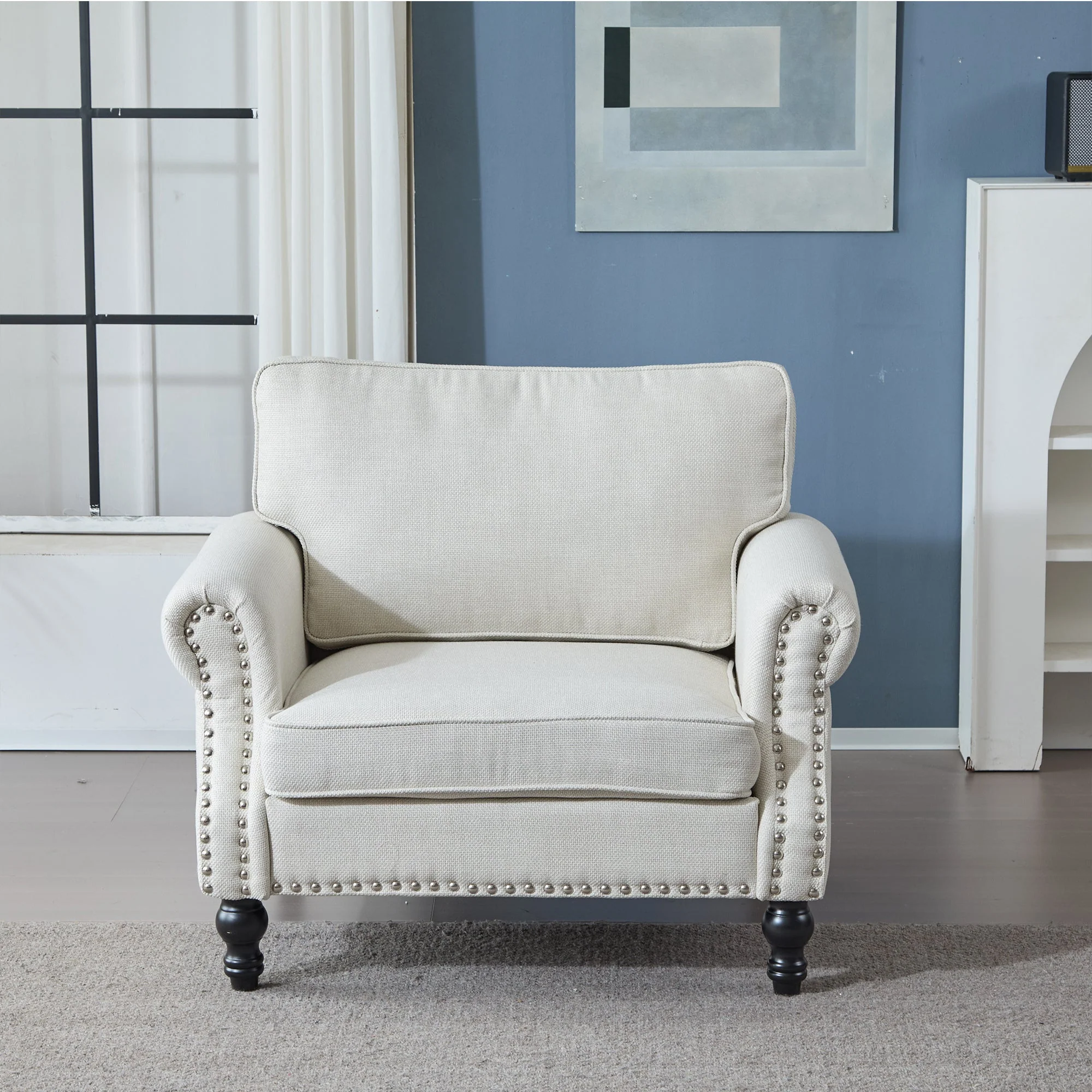 40.16 in Faux Leather Rolled Arm Sofa with Nailhead Trim Beige - Image 2