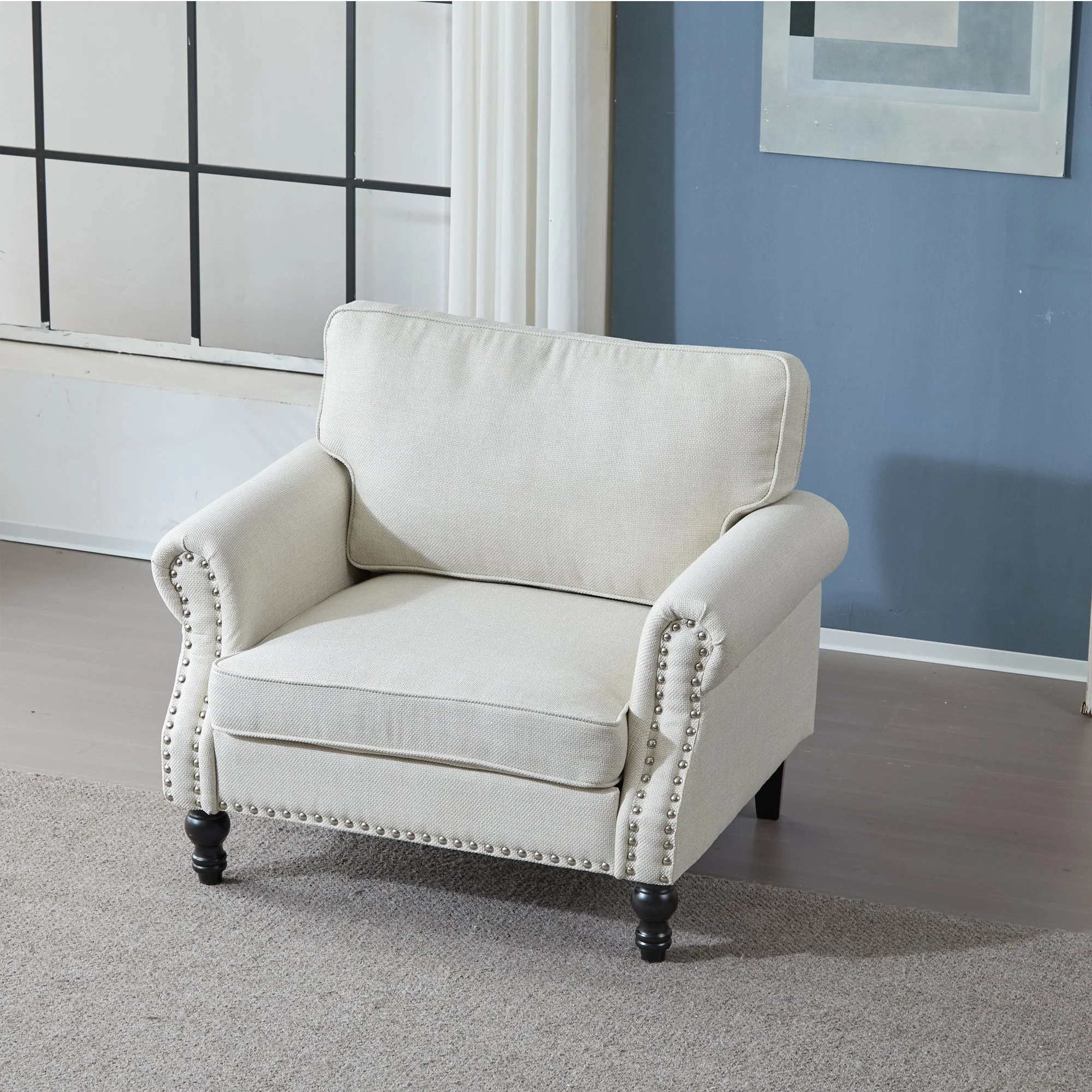 40.16 in Faux Leather Rolled Arm Sofa with Nailhead Trim Beige - Image 4