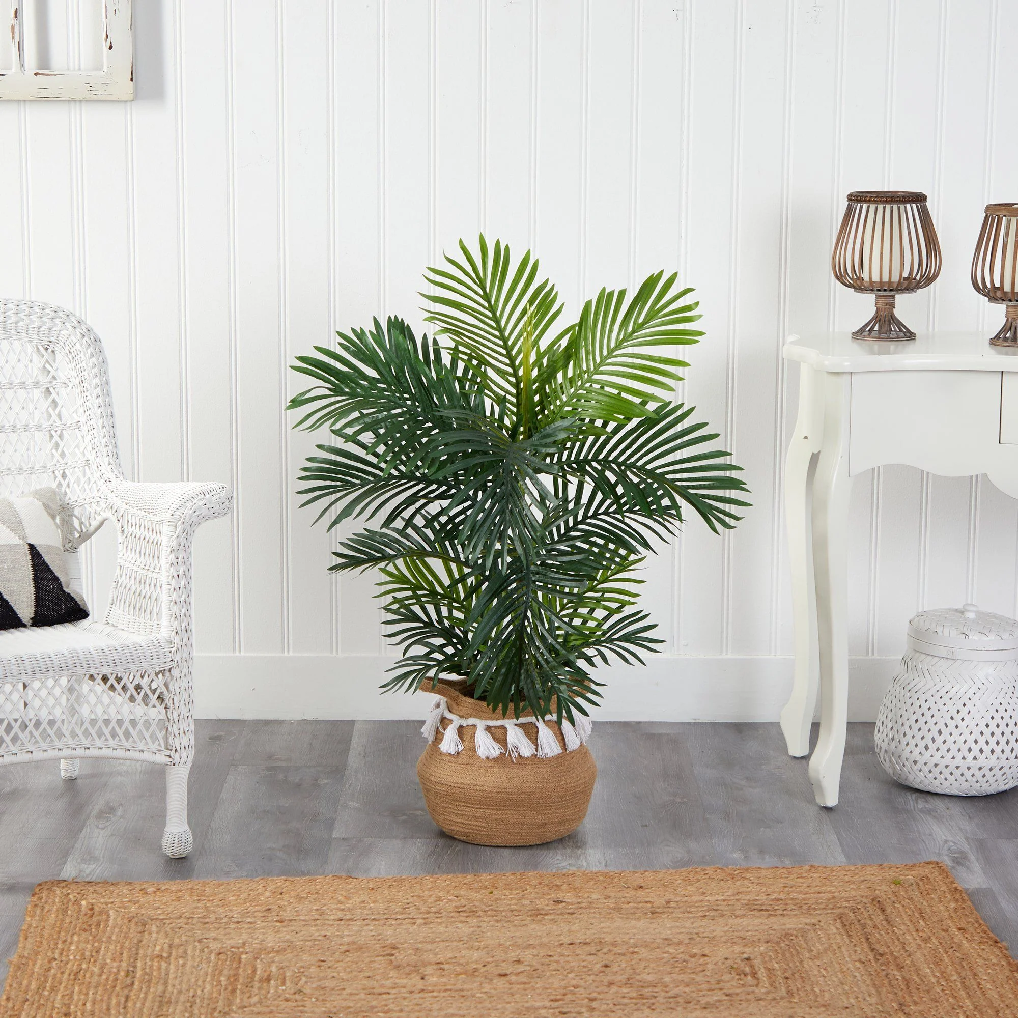 40” Areca Palm Tree in Boho Chic Handmade Natural Cotton Woven Planter with Tassels UV Resistant - Image 3