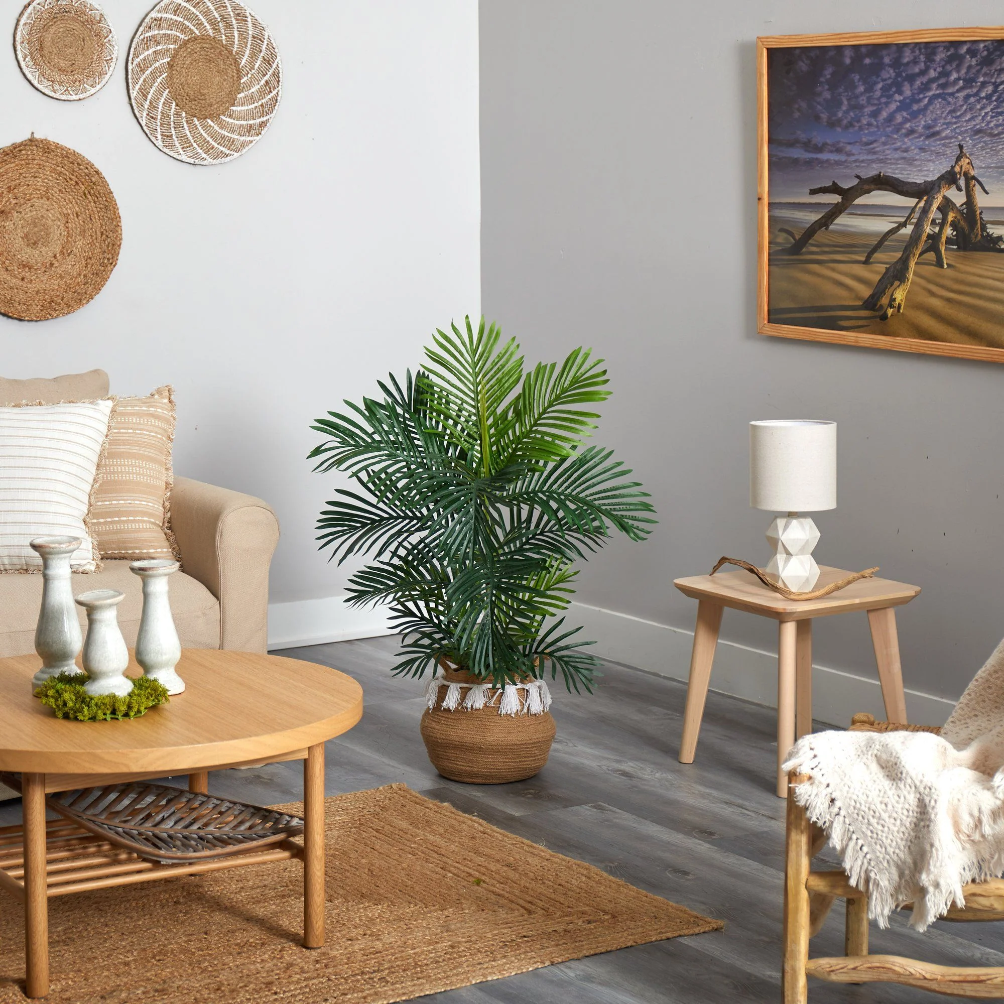 40” Areca Palm Tree in Boho Chic Handmade Natural Cotton Woven Planter with Tassels UV Resistant - Image 4