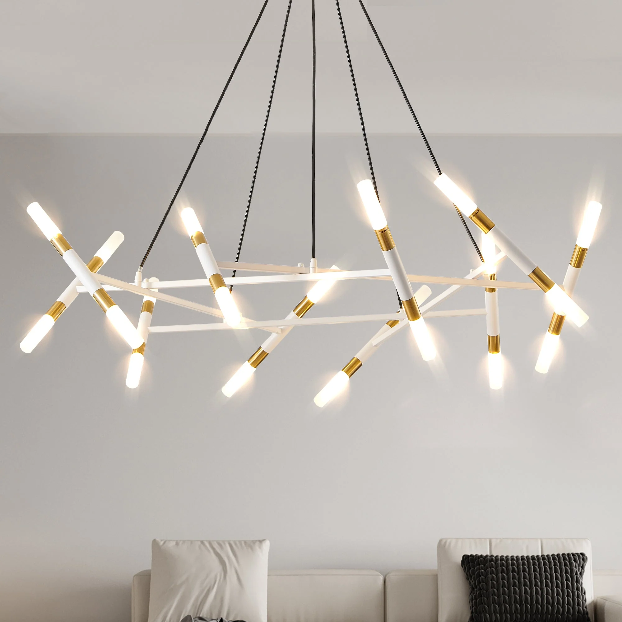 41' White & Golden Modern Chandelier Light Fixture, Branch Design with Frosted Tubes, Black Cords, Adjustable Height Pendant Light for Dining Room, Living Room, or Kitchen Island (Bulb Not Included) - Image 2