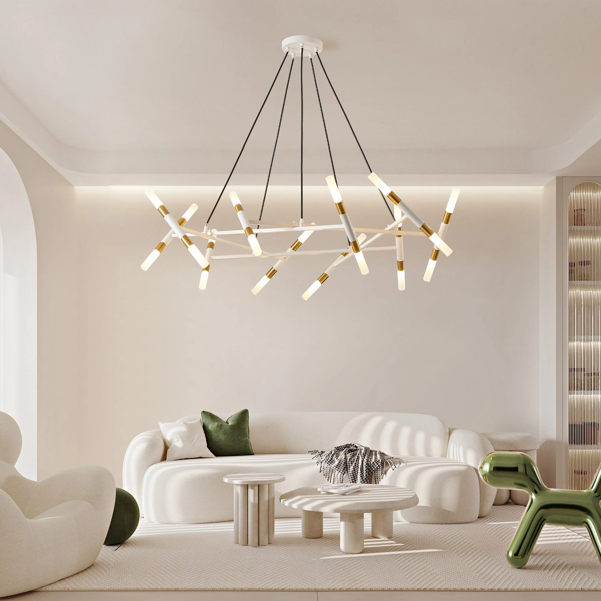 41' White & Golden Modern Chandelier Light Fixture, Branch Design with Frosted Tubes, Black Cords, Adjustable Height Pendant Light for Dining Room, Living Room, or Kitchen Island (Bulb Not Included) - Image 3
