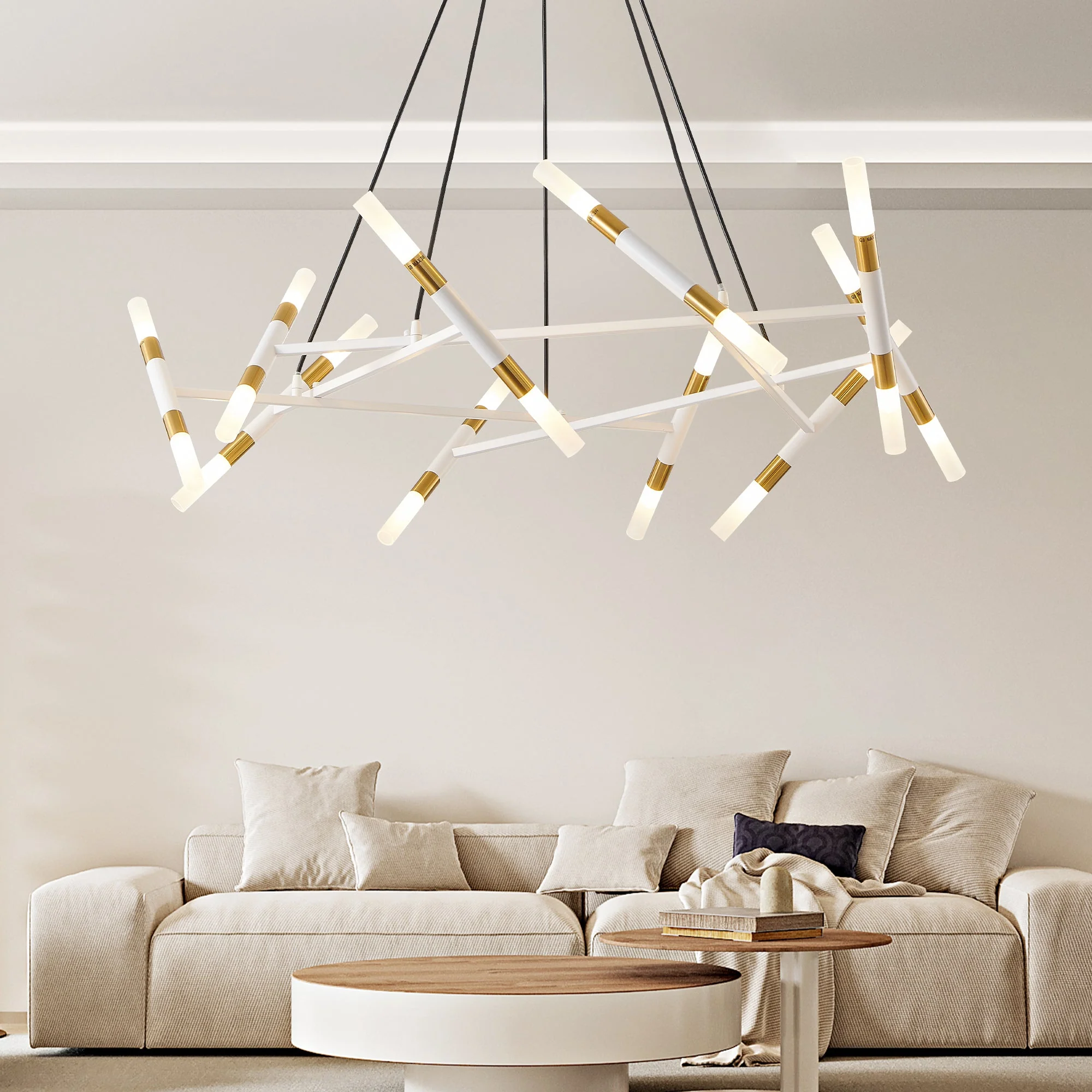 41' White & Golden Modern Chandelier Light Fixture, Branch Design with Frosted Tubes, Black Cords, Adjustable Height Pendant Light for Dining Room, Living Room, or Kitchen Island (Bulb Not Included) - Image 4