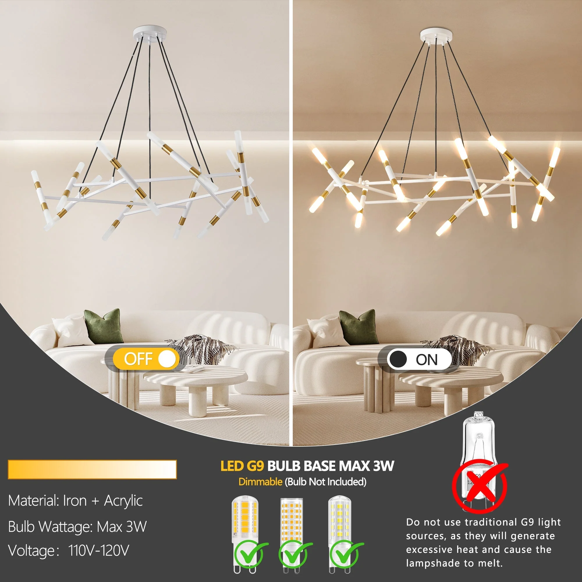 41' White & Golden Modern Chandelier Light Fixture, Branch Design with Frosted Tubes, Black Cords, Adjustable Height Pendant Light for Dining Room, Living Room, or Kitchen Island (Bulb Not Included) - Image 5