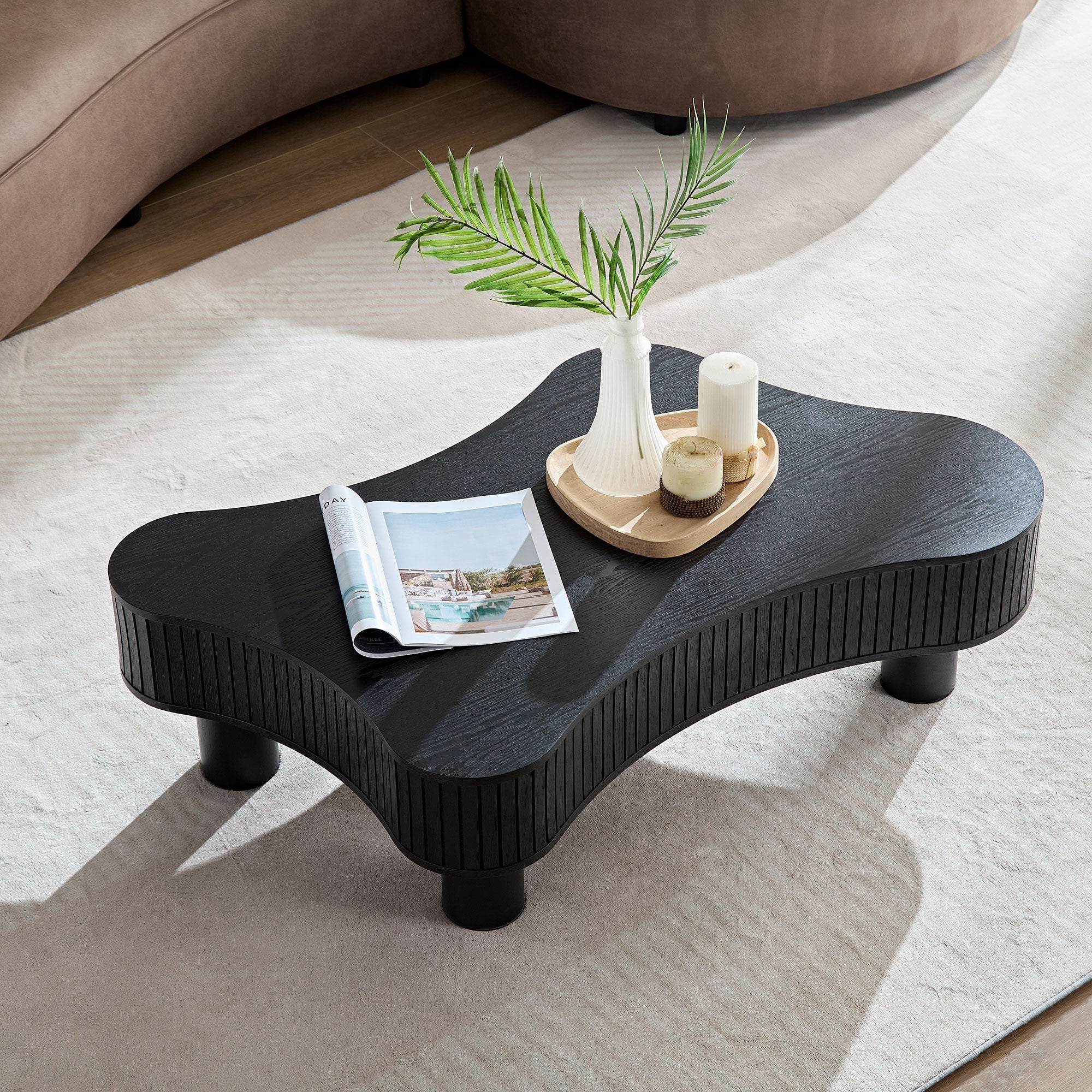 42.52 Inch Modern Wooden Handcraft Drum Coffee Table Black - Image 5