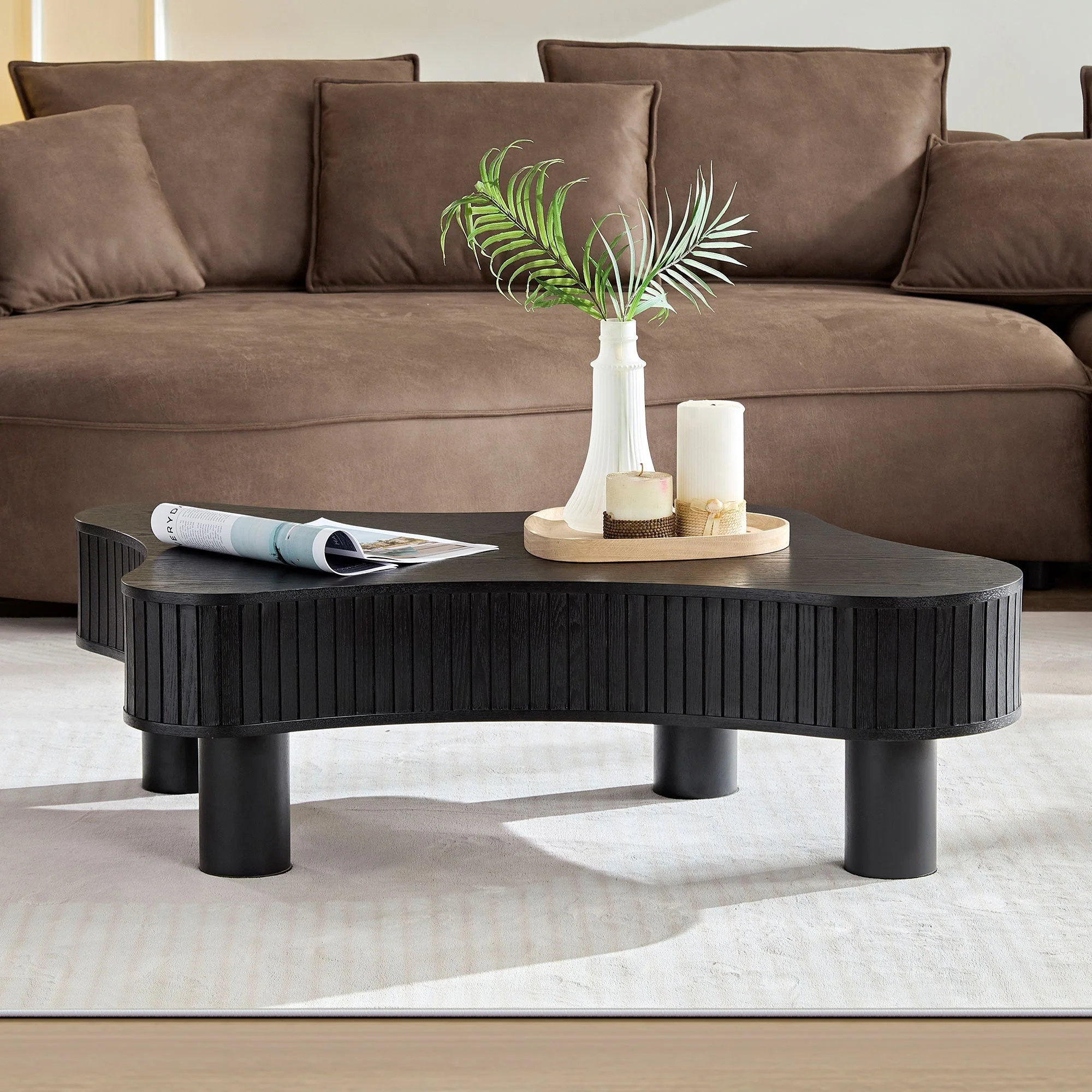 42.52 Inch Modern Wooden Handcraft Drum Coffee Table Black - Image 6