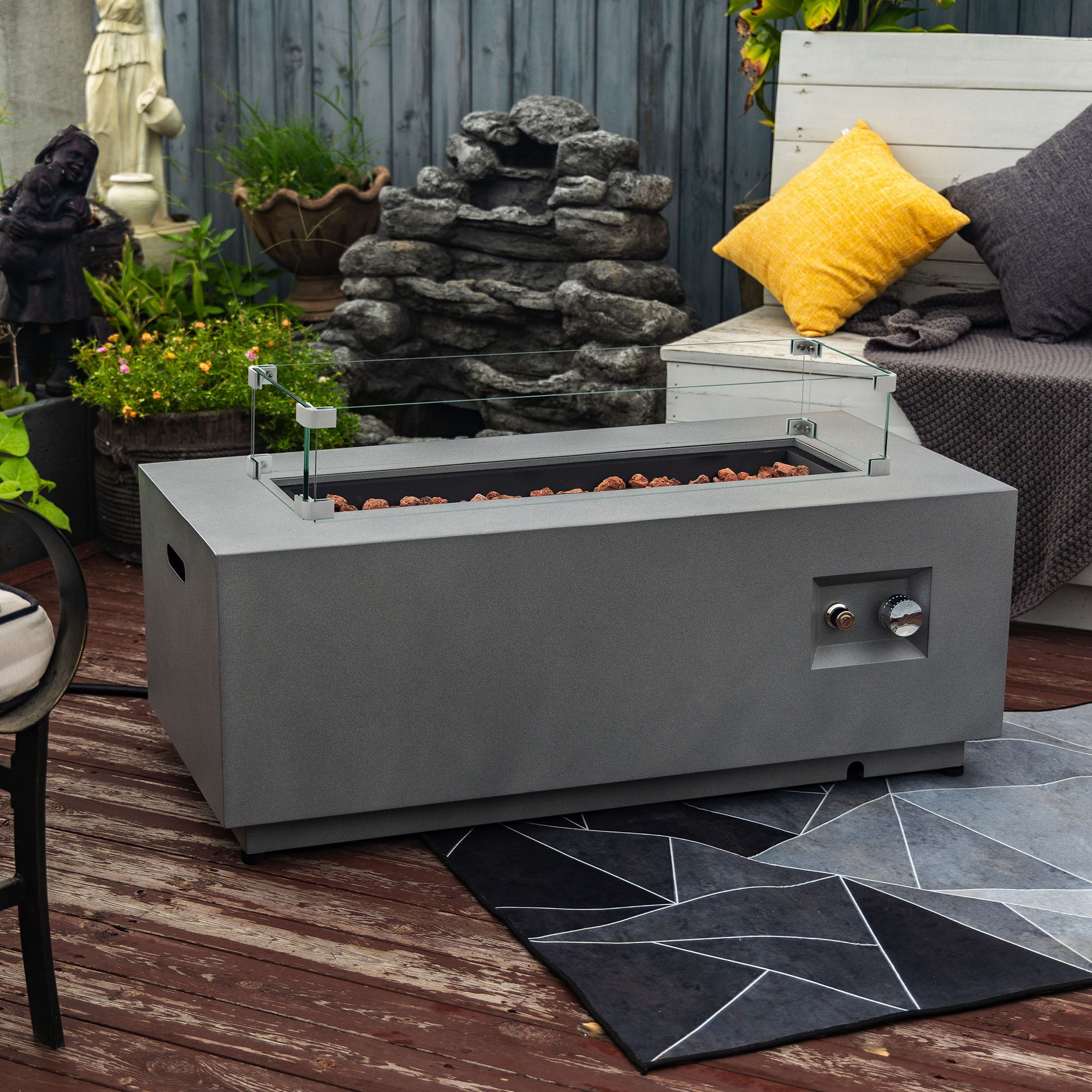42" Propane Gas Fire Pit Table, 50000 BTU Rectangular Steel Fire Pit with Glass Wind Guard - Gray - Image 2