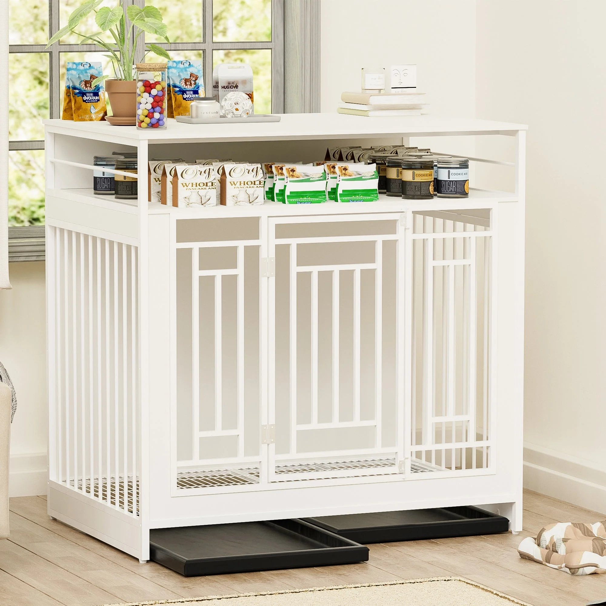 43.3 Inch Wooden Dog Crate Furniture with Divider and Storage - Image 14