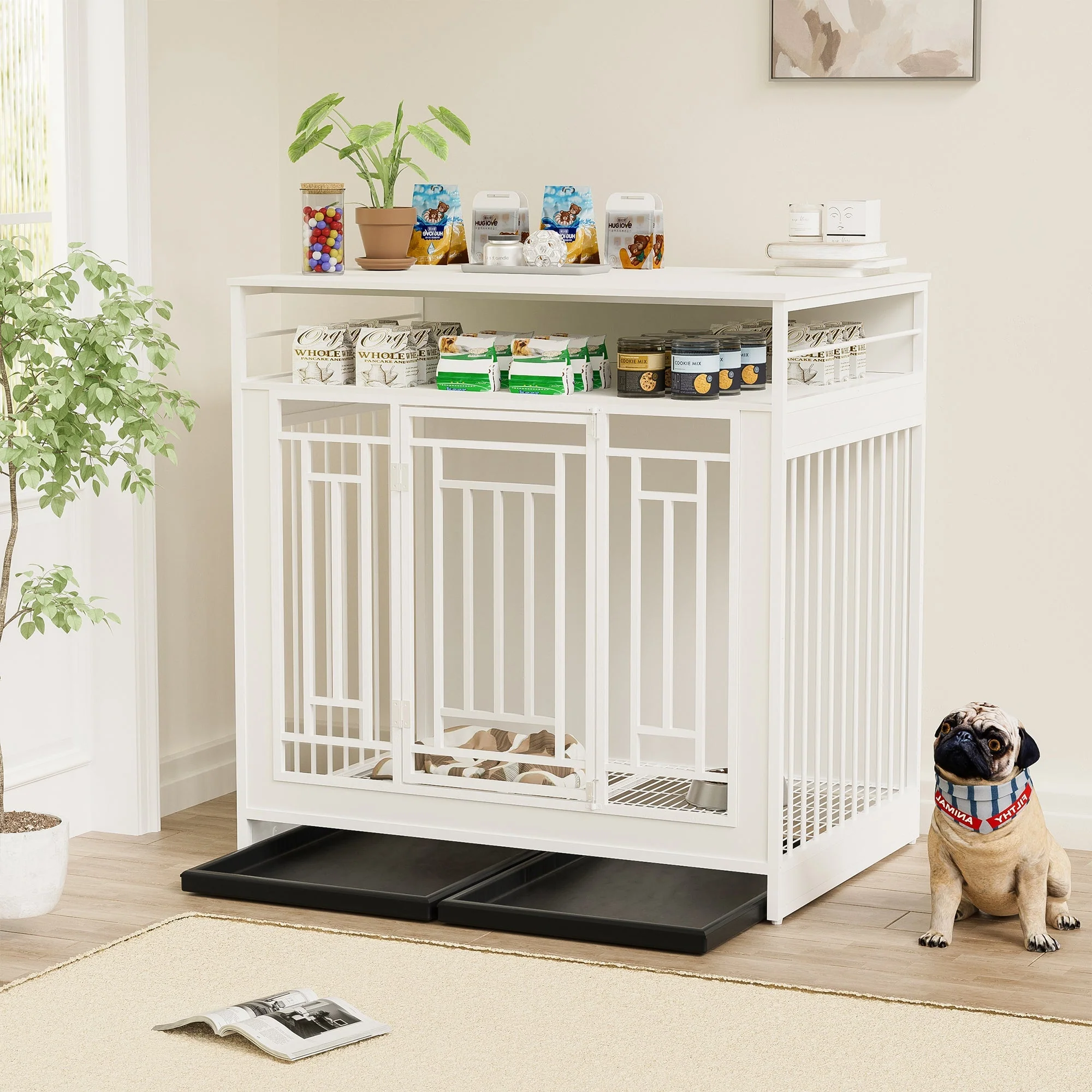 43.3 Inch Wooden Dog Crate Furniture with Divider and Storage - Image 4