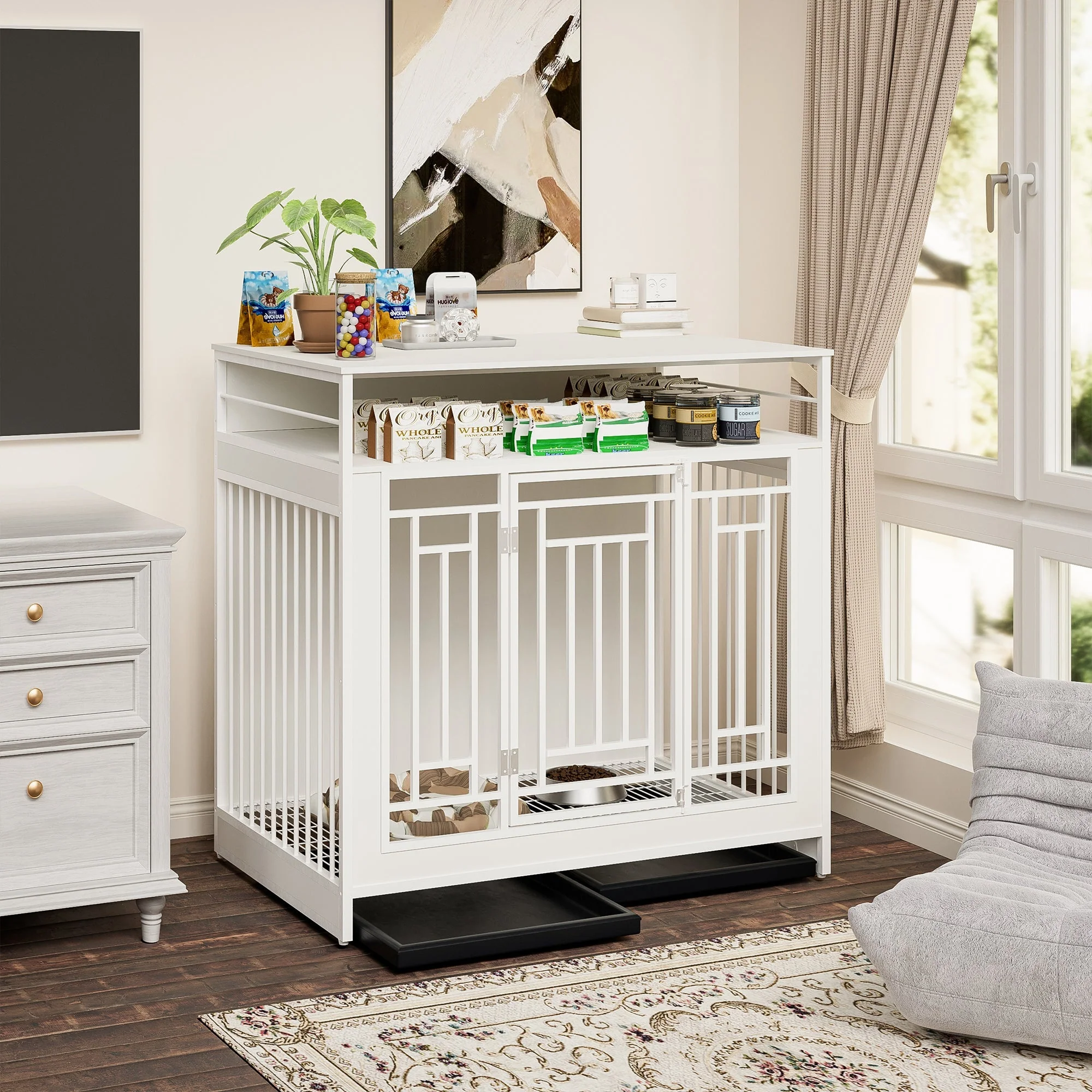 43.3 Inch Wooden Dog Crate Furniture with Divider and Storage - Image 9