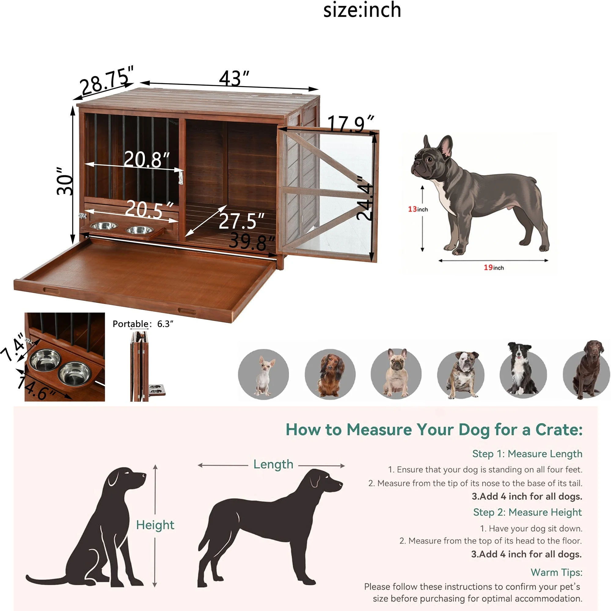 43" Solid Wood Dog Crate Furniture Foldable Indoor Kennel - Image 3