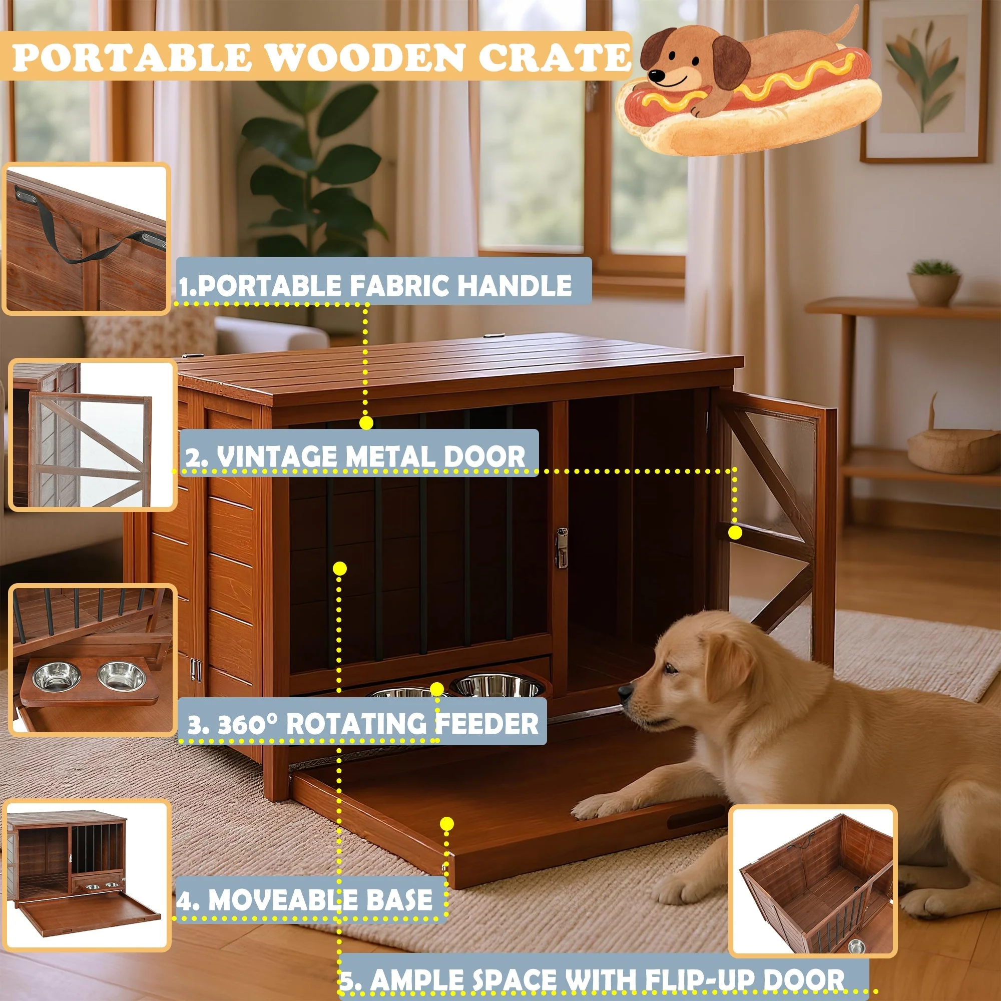 43" Solid Wood Dog Crate Furniture Foldable Indoor Kennel - Image 4