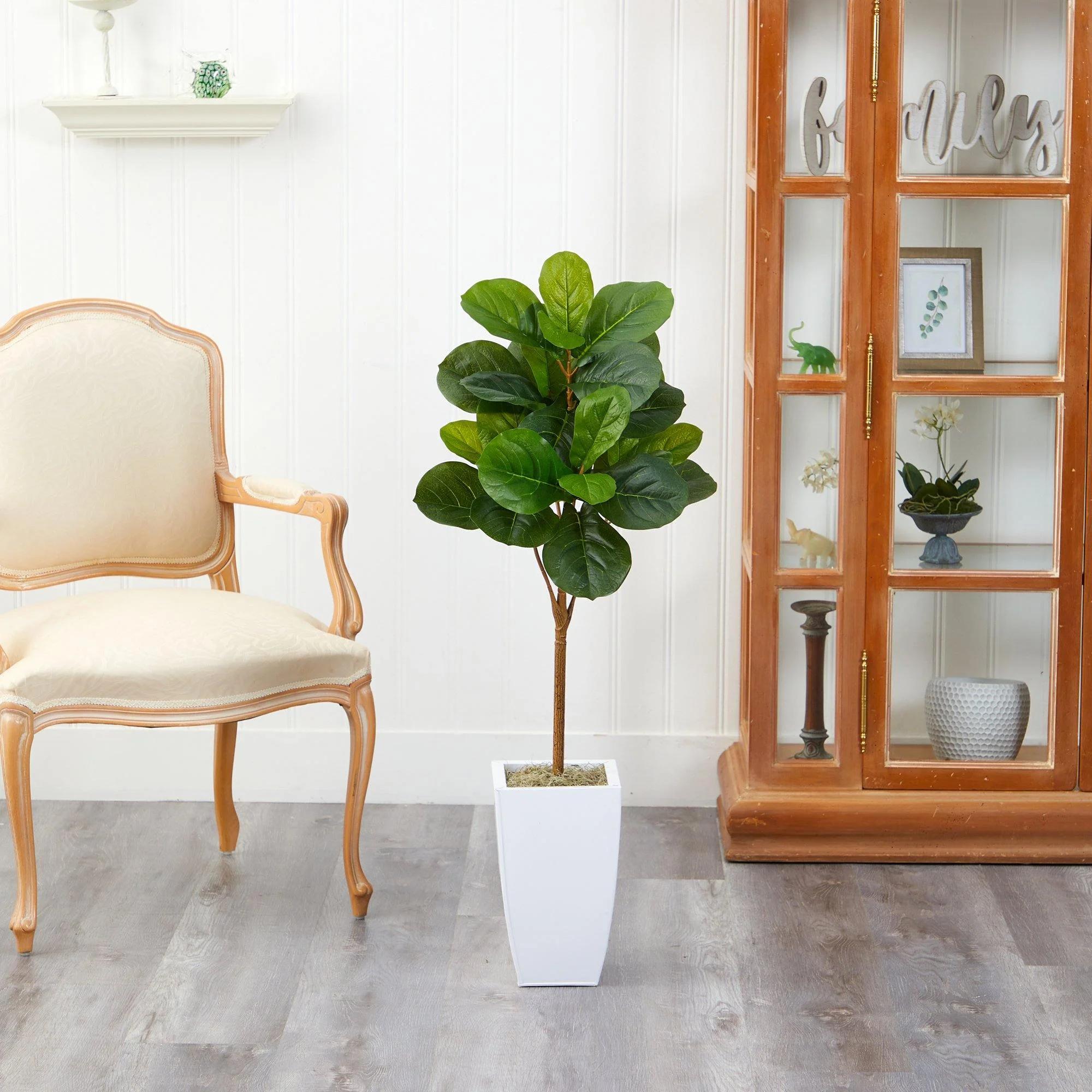 45” Fiddle Leaf Artificial Tree in White Metal Planter - Image 3