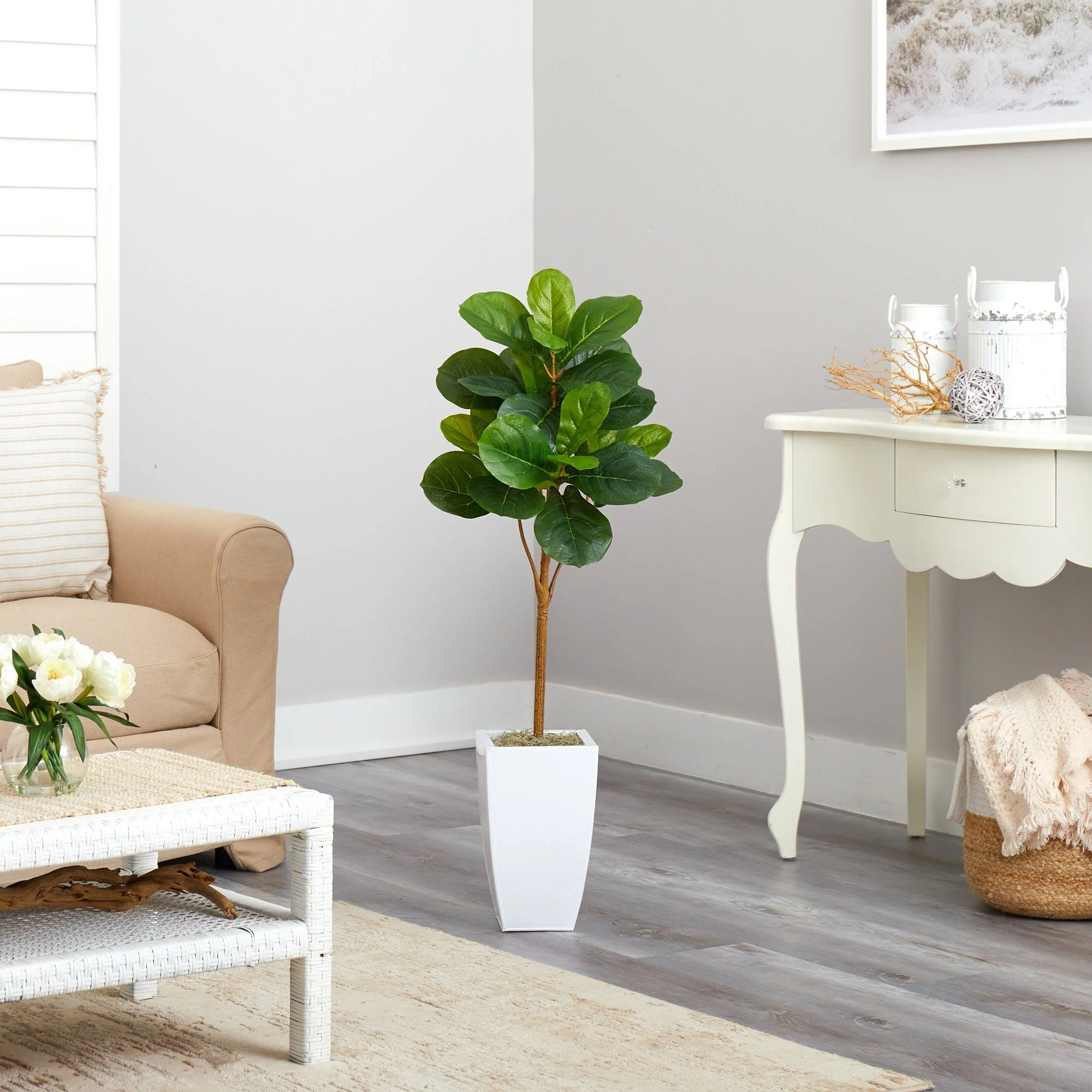 45” Fiddle Leaf Artificial Tree in White Metal Planter - Image 4
