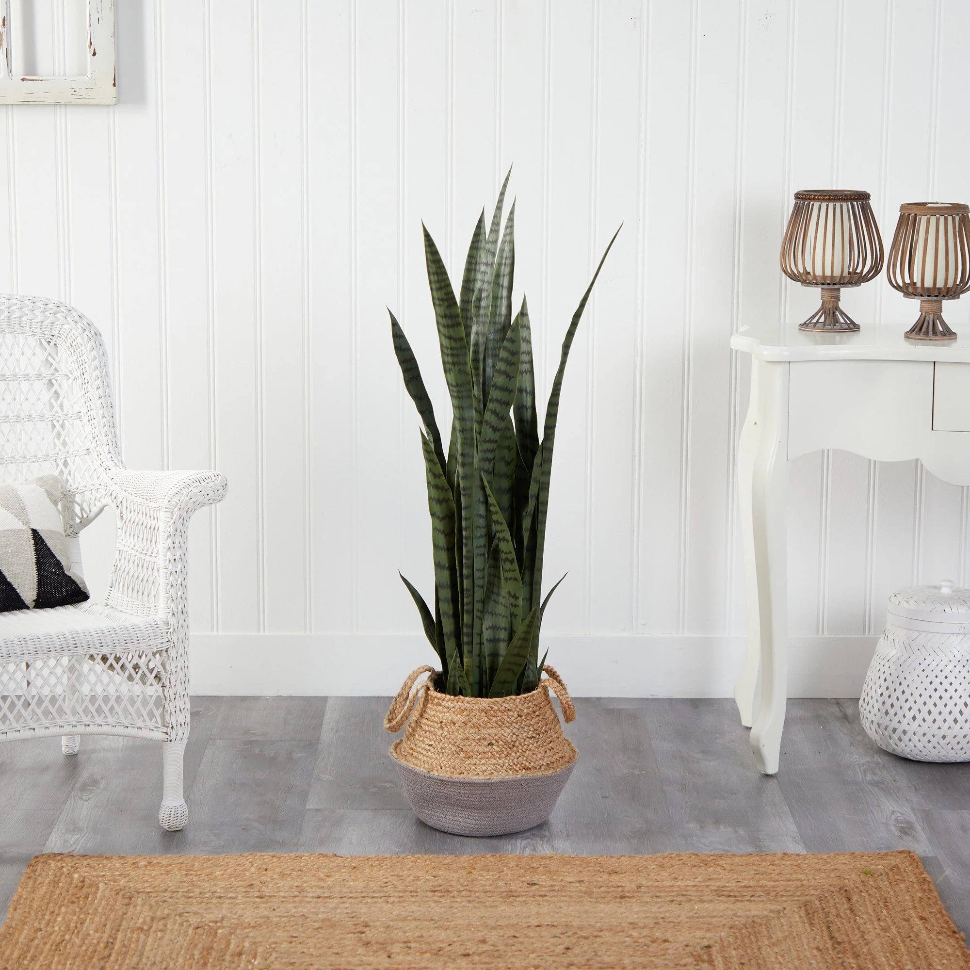 46” Sansevieria Artificial Plant in Boho Chic Handmade Cotton & Jute Gray Woven Planter - Image 3
