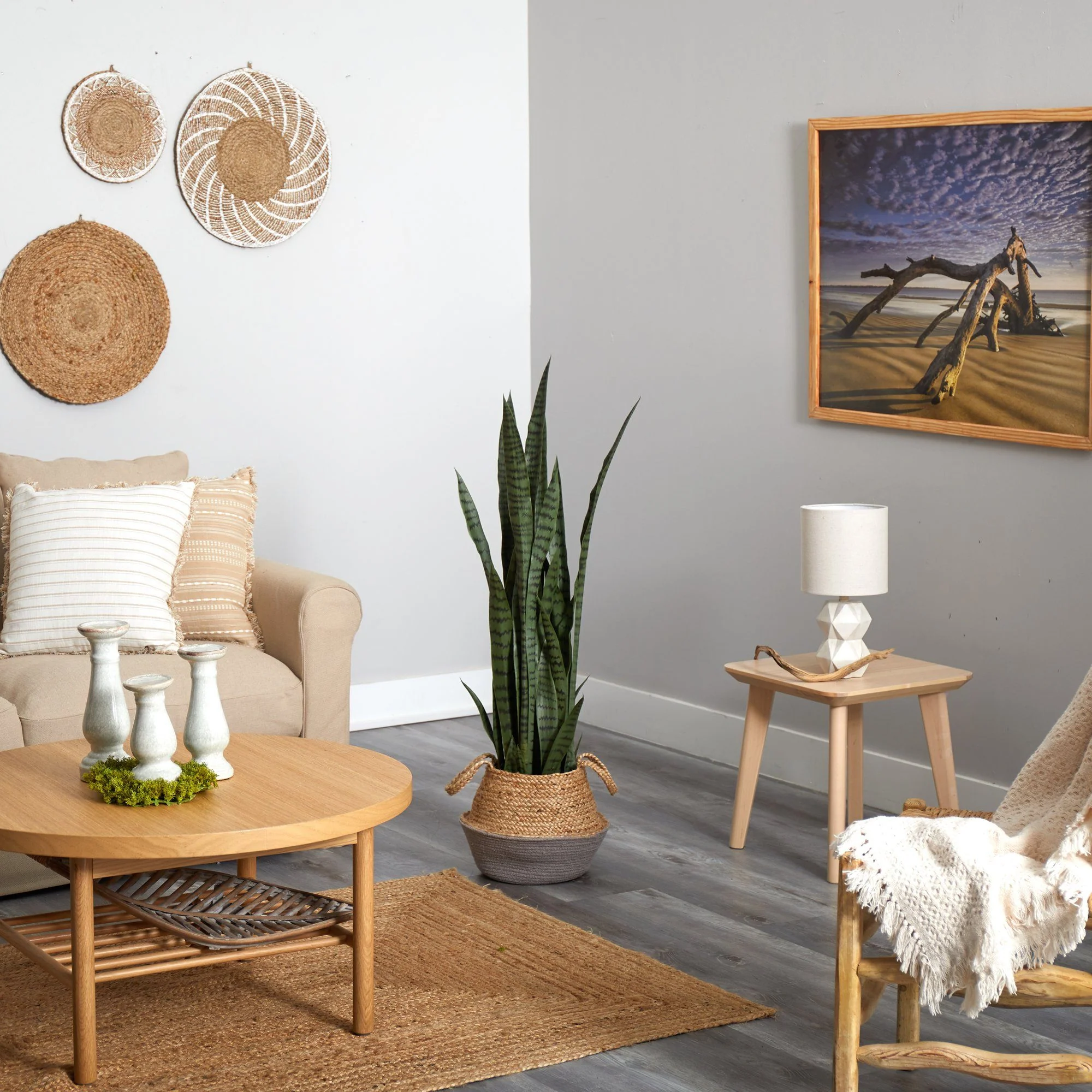 46” Sansevieria Artificial Plant in Boho Chic Handmade Cotton & Jute Gray Woven Planter - Image 4
