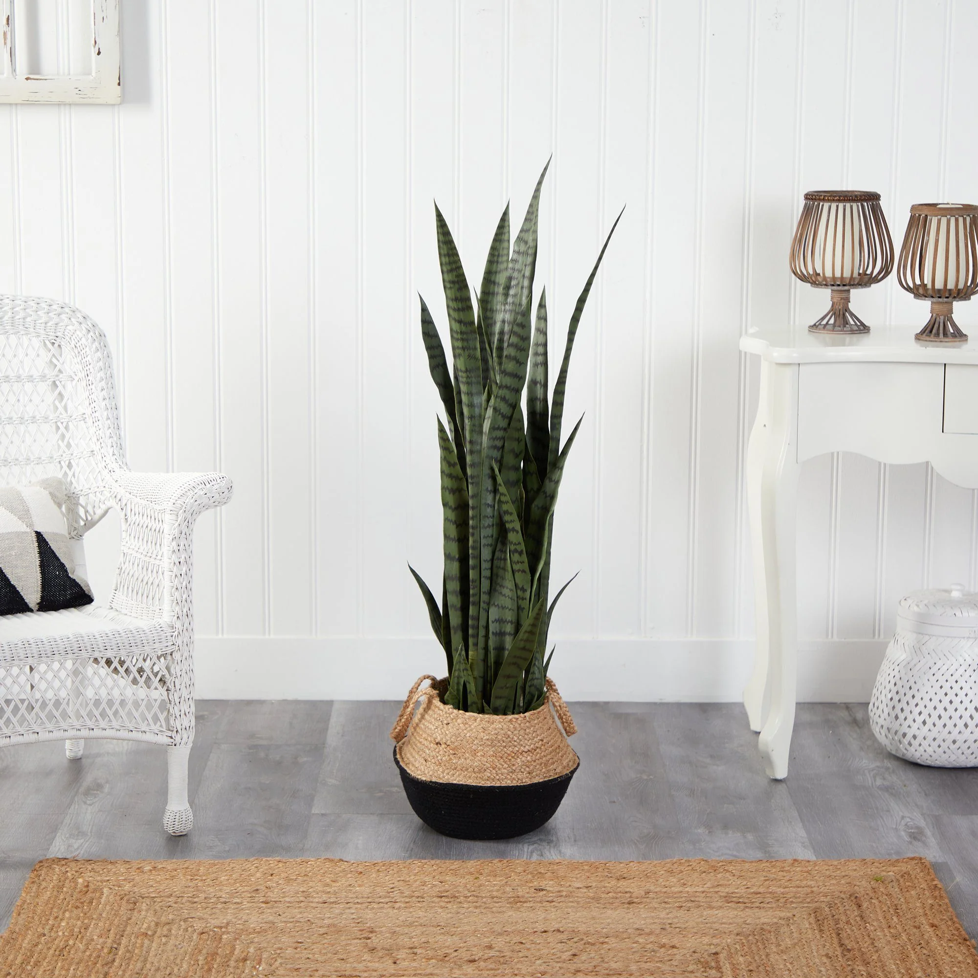 46” Sansevieria Plant in Cotton & Jute Black Woven Planter - Image 3