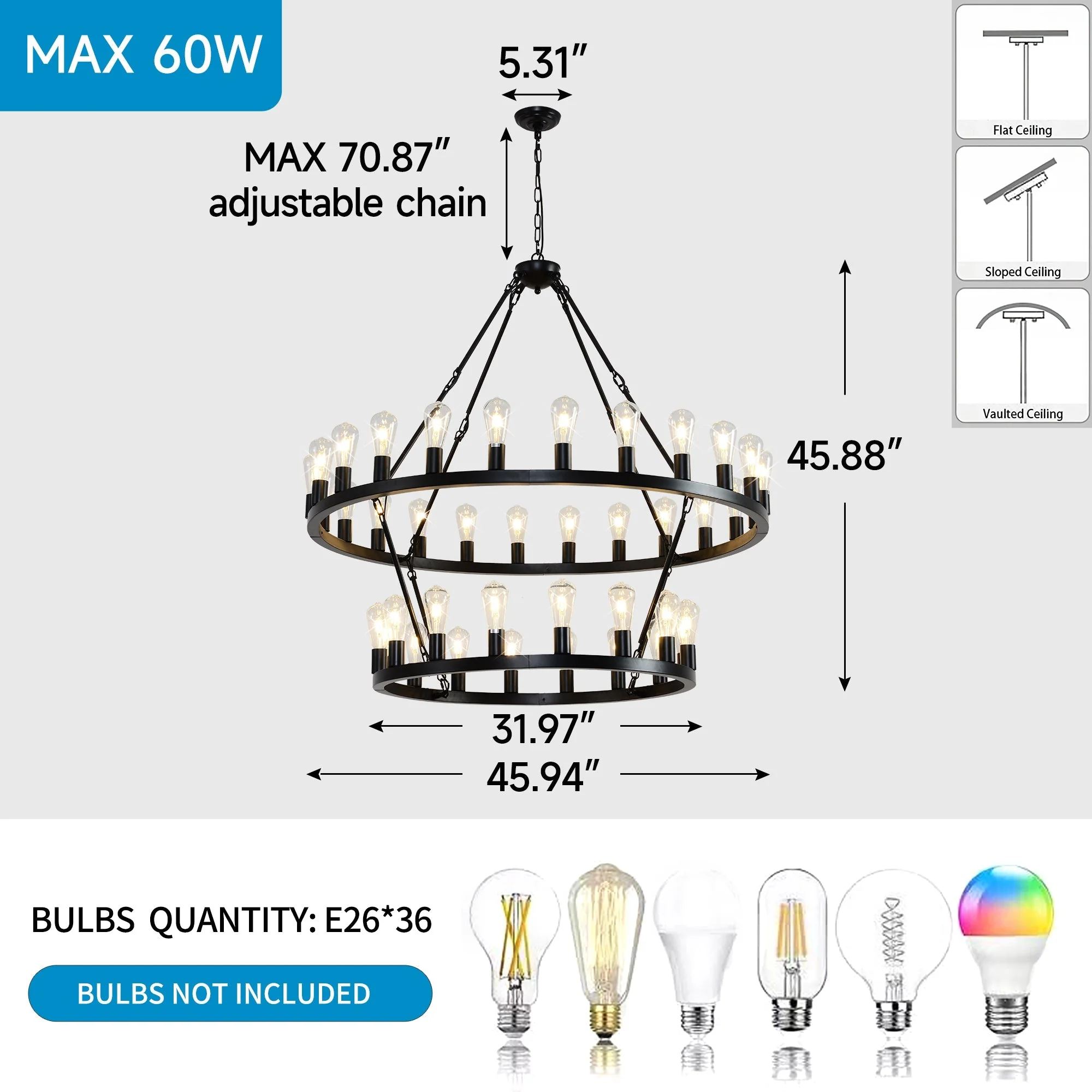 47.24 Inch Matte Black Wagon Wheel Chandelier with 36 Lights - Image 10