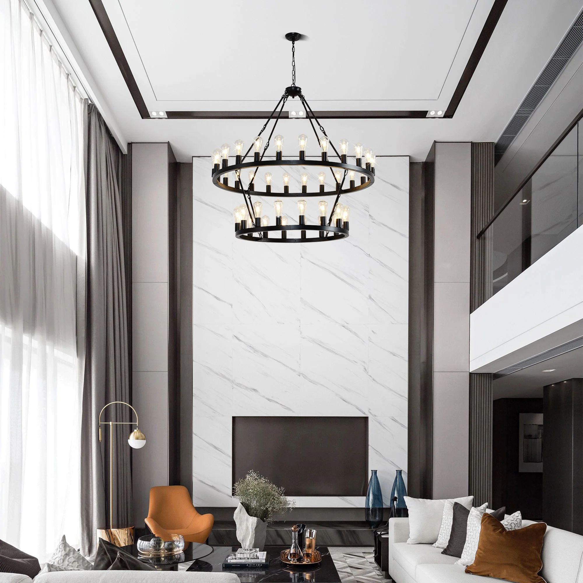 47.24 Inch Matte Black Wagon Wheel Chandelier with 36 Lights - Image 4