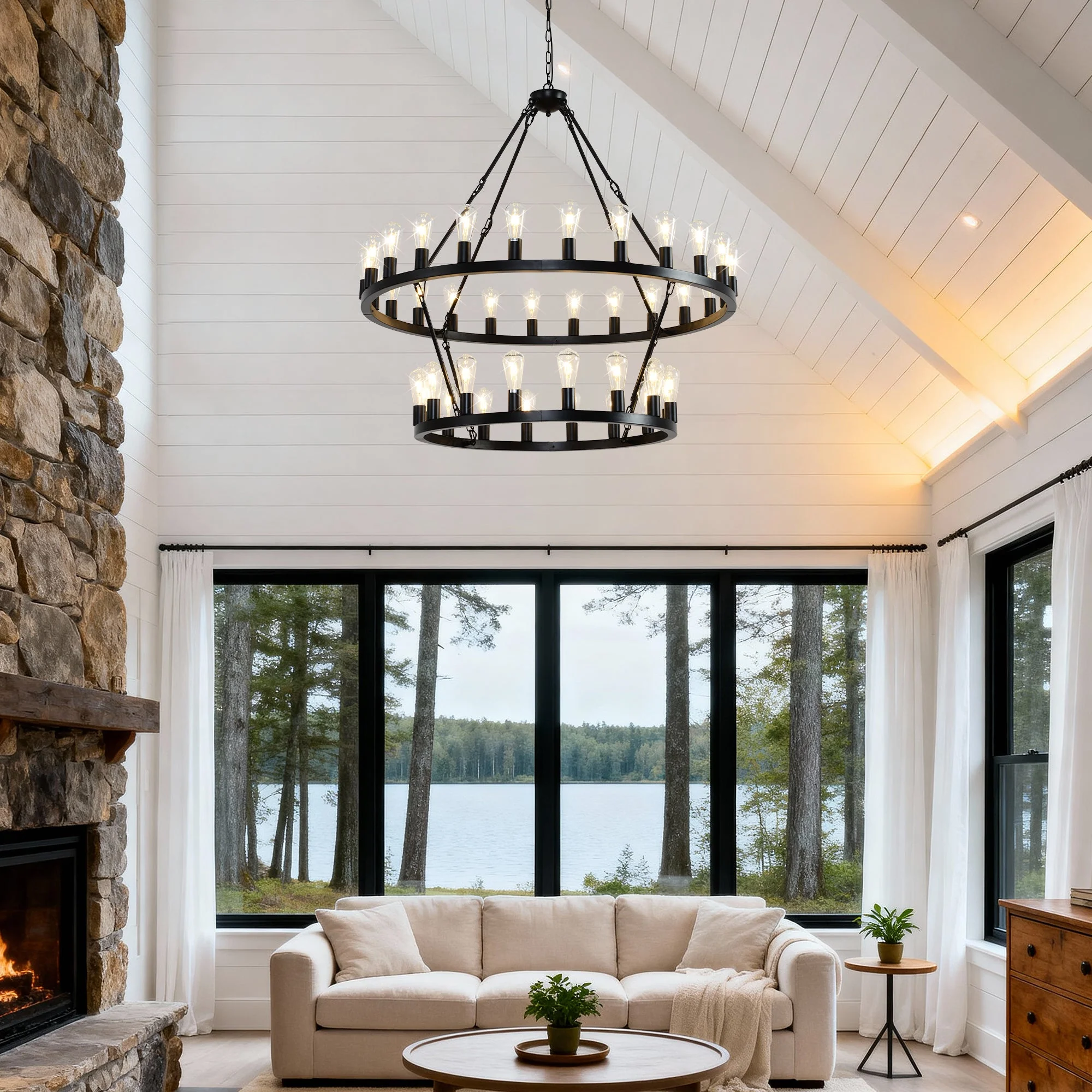 47.24 Inch Matte Black Wagon Wheel Chandelier with 36 Lights - Image 6