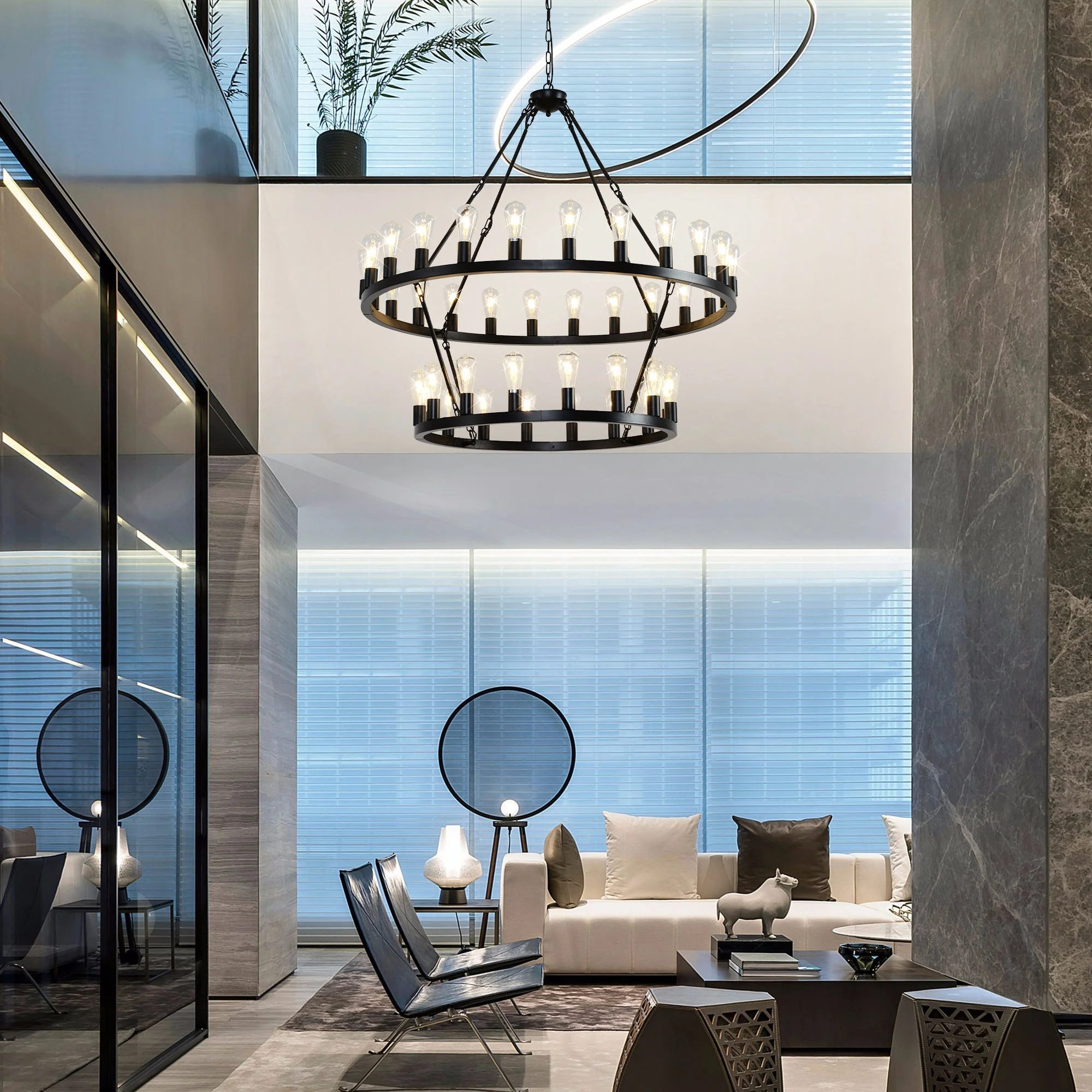 47.24 Inch Matte Black Wagon Wheel Chandelier with 36 Lights - Image 7