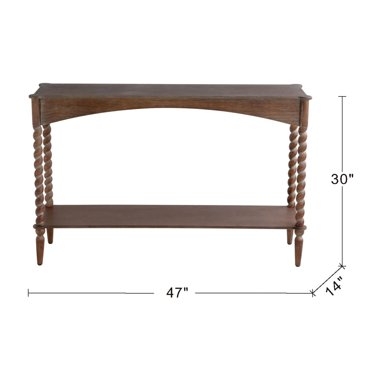 47x14x30" Rustic Brown Wood Console Table with Turned Spiral Legs and Lower Shelf - Image 13
