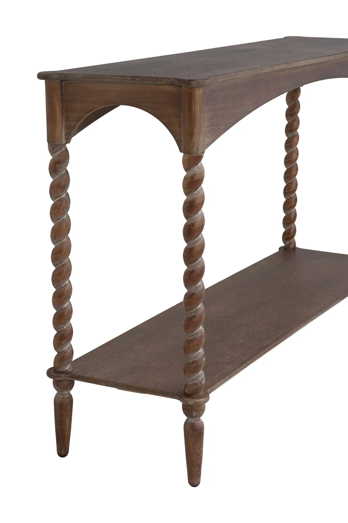 47x14x30" Rustic Brown Wood Console Table with Turned Spiral Legs and Lower Shelf - Image 6