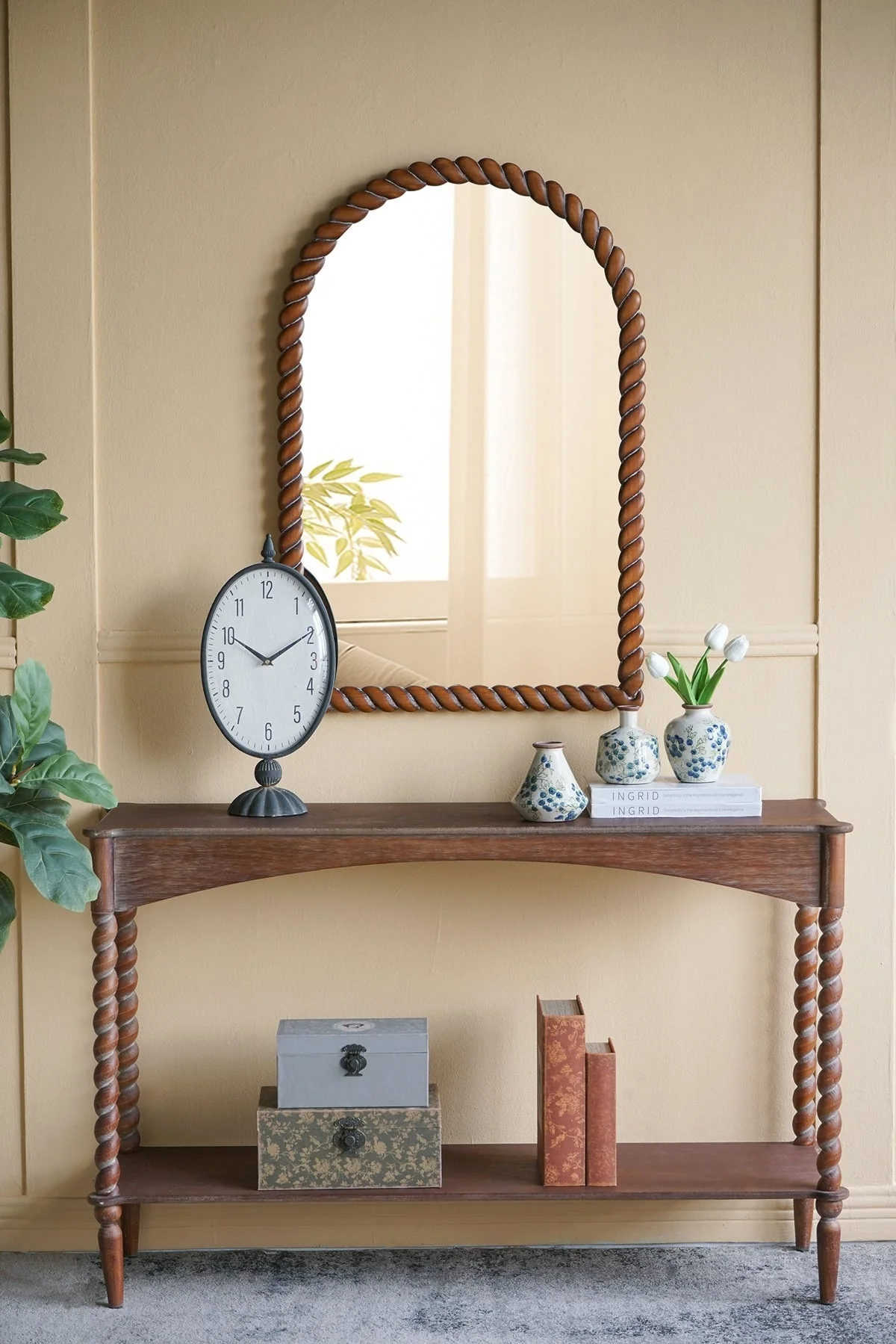 47x14x30" Rustic Brown Wood Console Table with Turned Spiral Legs and Lower Shelf - Image 9